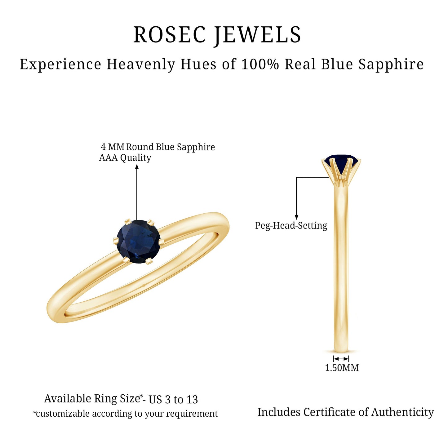 Genuine Blue Sapphire September Birthstone Ring for Women