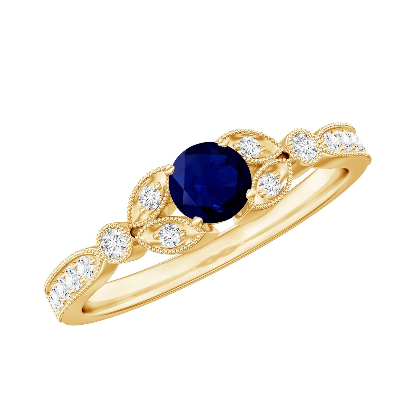 Vintage Inspired Blue Sapphire and Diamond Engagement Ring with Milgrain Details