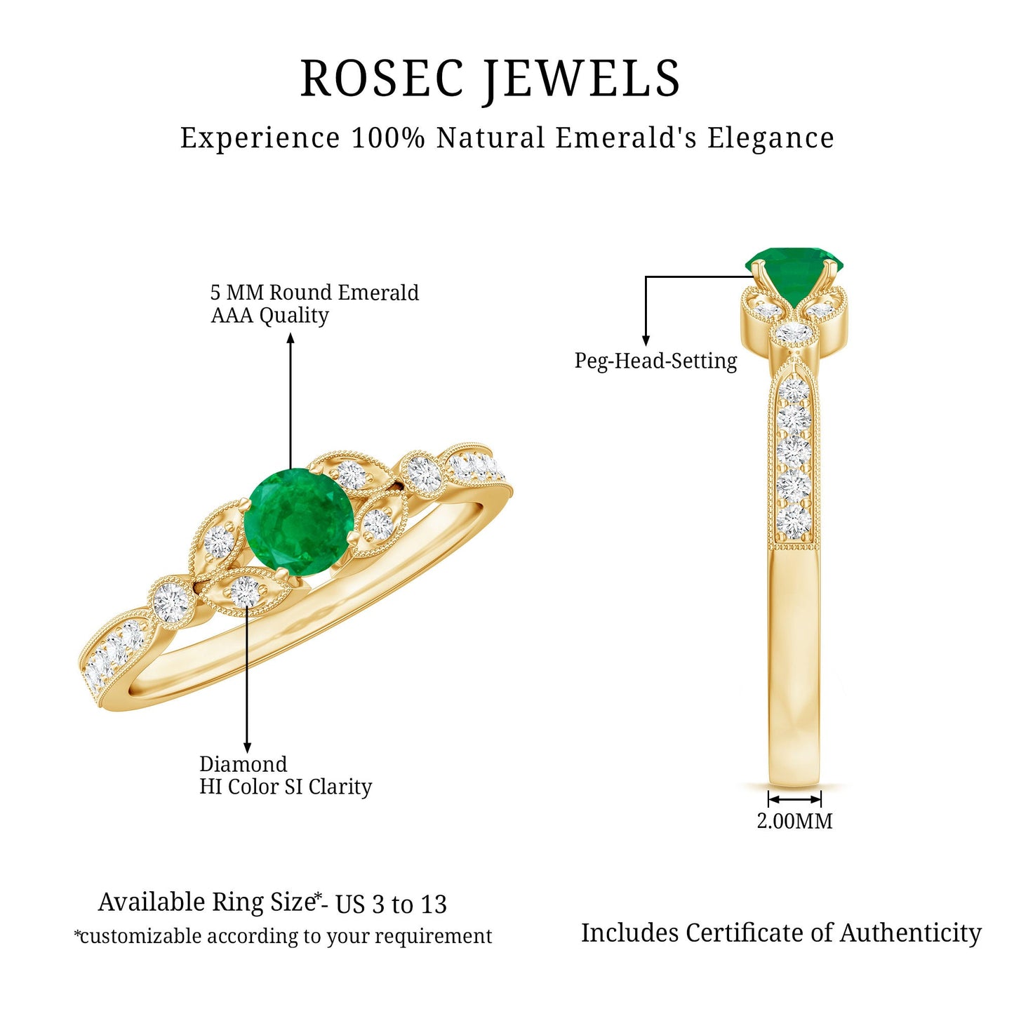 Natural Emerald Vintage Inspired Engagement Ring with Diamond