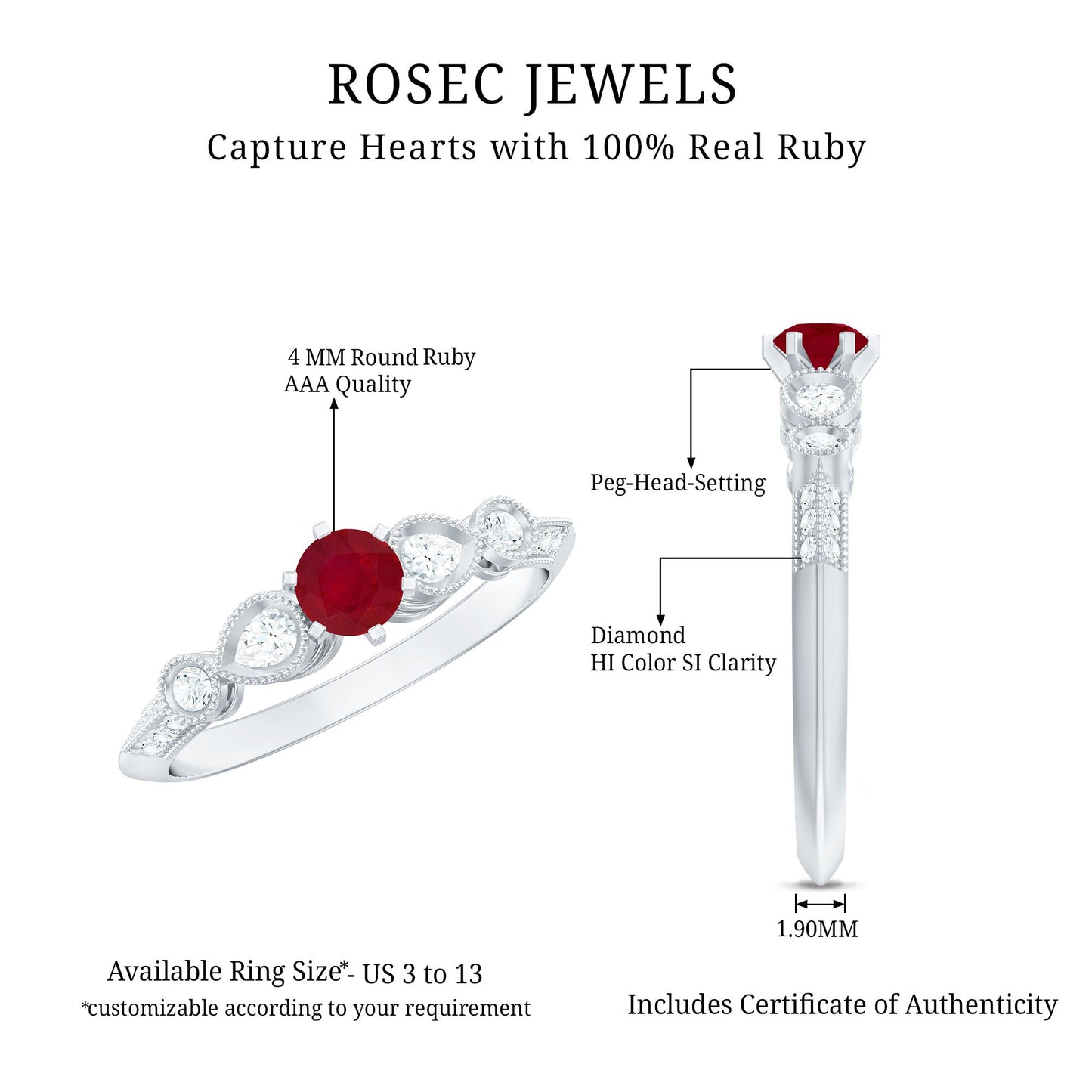 Genuine Ruby Vintage Inspired Engagement Ring with Diamond