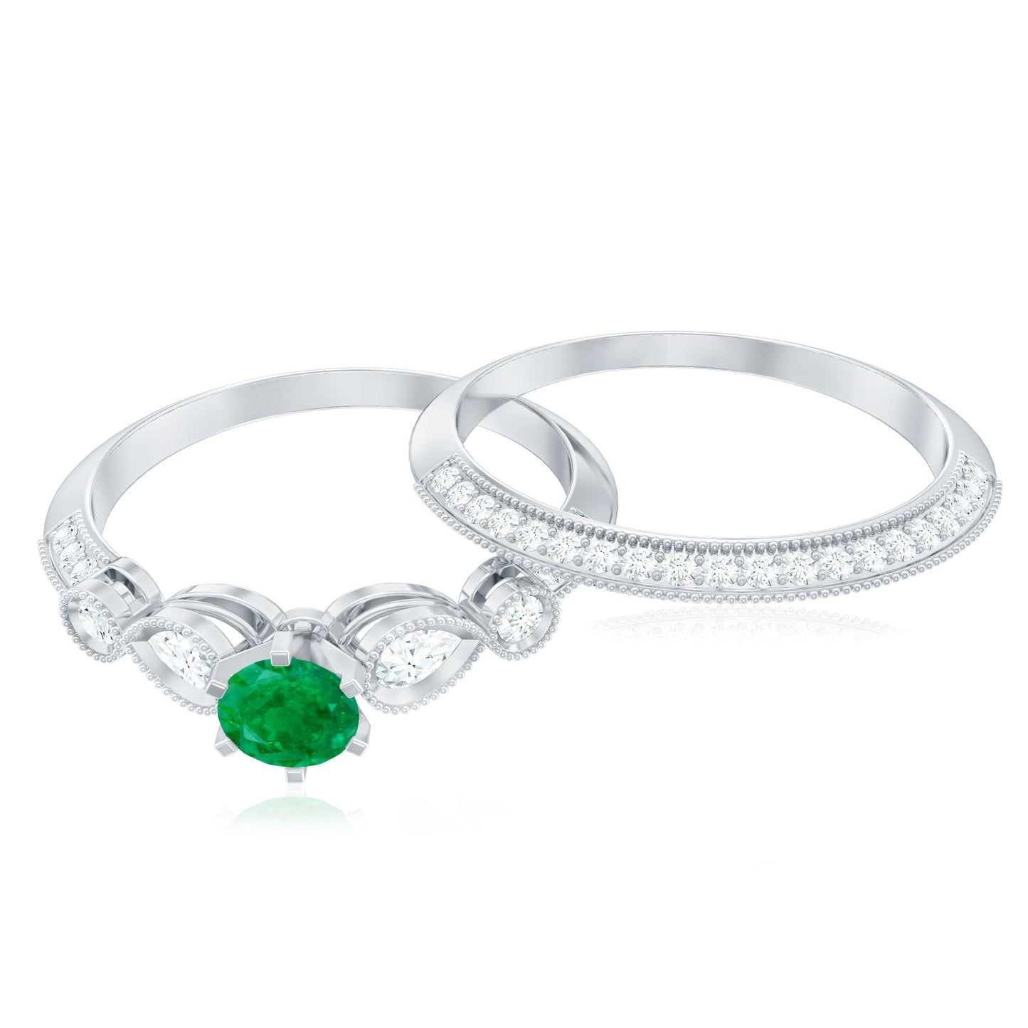 Vintage Inspired Emerald Wedding Bridal Ring Set with Diamond