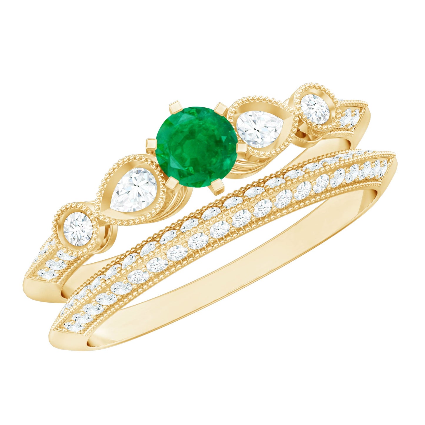 Vintage Inspired Emerald Wedding Bridal Ring Set with Diamond