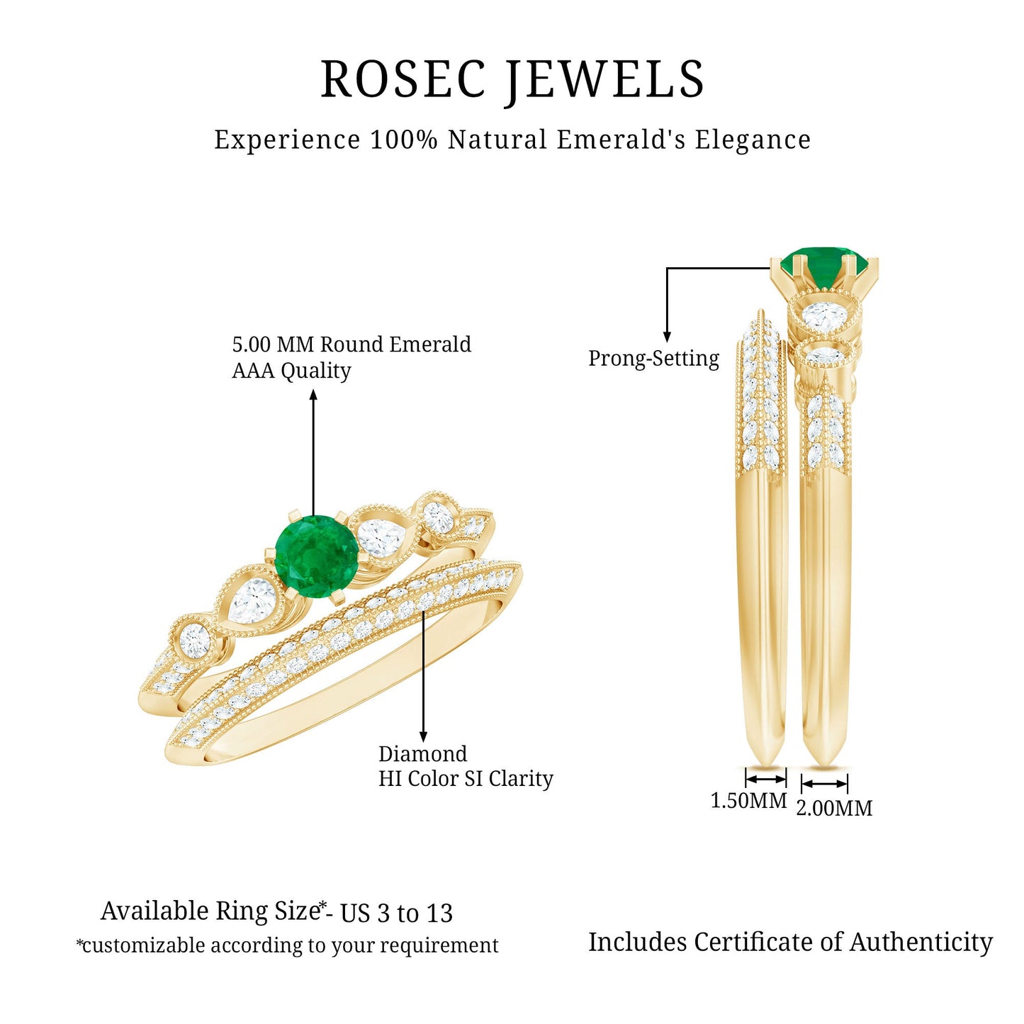 Vintage Inspired Emerald Wedding Bridal Ring Set with Diamond
