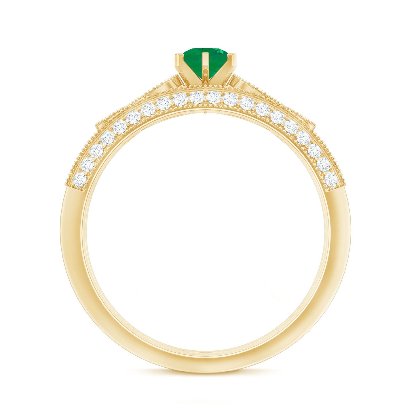 Vintage Inspired Emerald Wedding Bridal Ring Set with Diamond