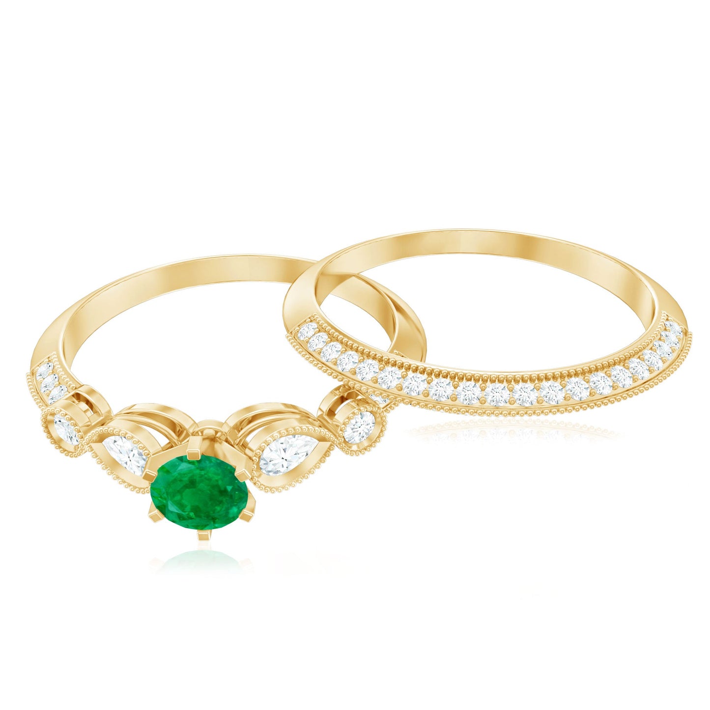 Vintage Inspired Emerald Wedding Bridal Ring Set with Diamond