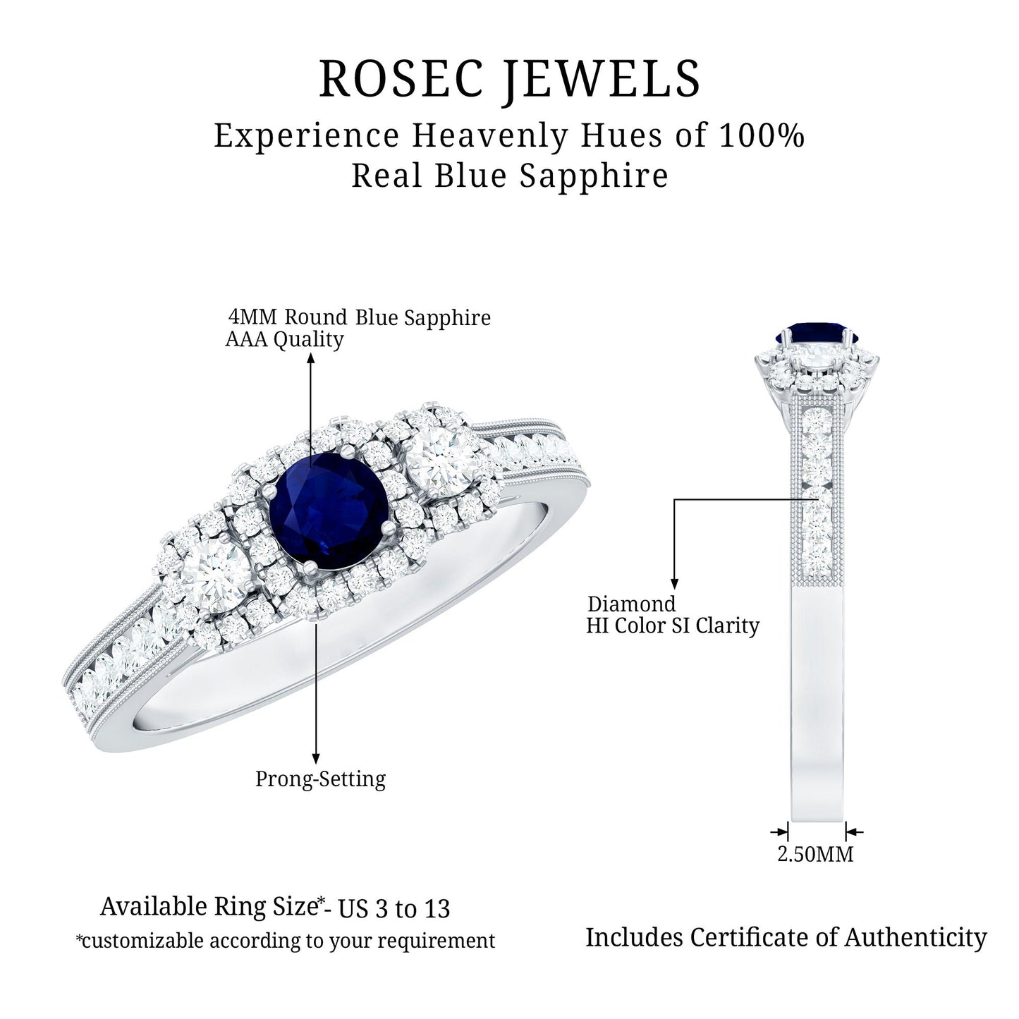 Vintage Inspired Blue Sapphire 3 Stone Engagement Ring with Diamond