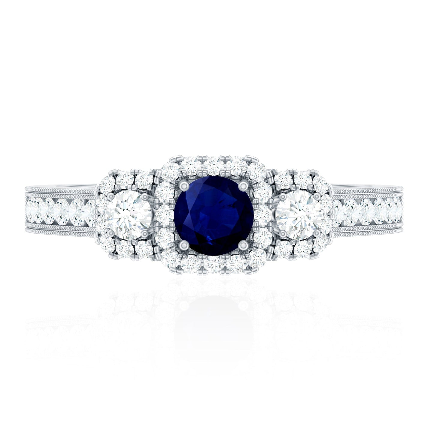 Vintage Inspired Blue Sapphire 3 Stone Engagement Ring with Diamond