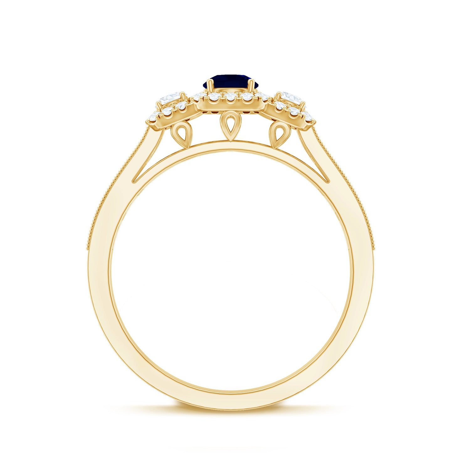 Vintage Inspired Blue Sapphire 3 Stone Engagement Ring with Diamond