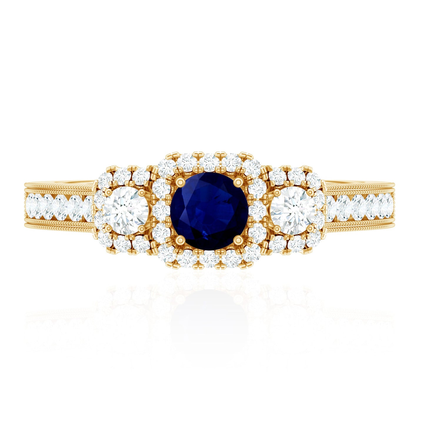 Vintage Inspired Blue Sapphire 3 Stone Engagement Ring with Diamond