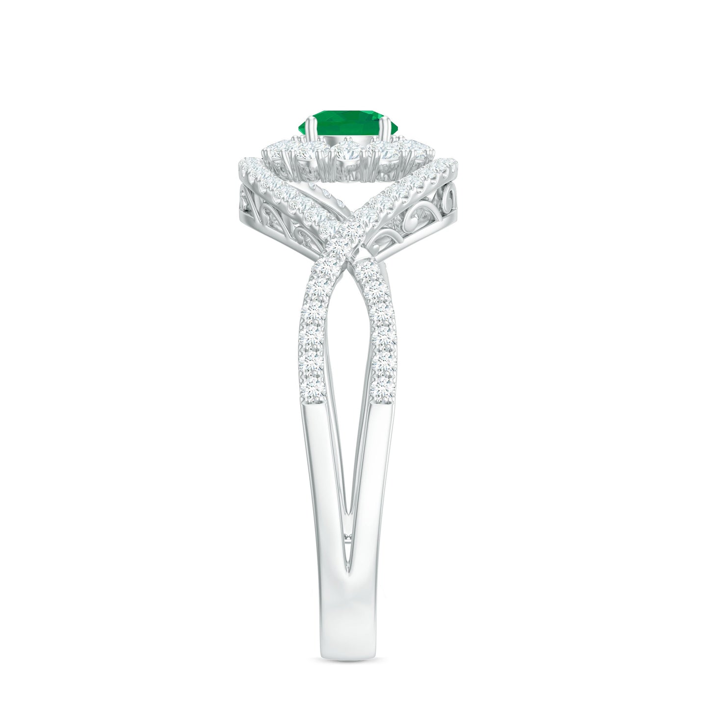 Natural Emerald Engagement Ring with Diamond Crossover Shank