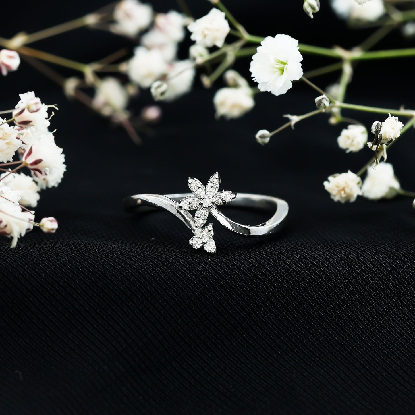 Diamond Floral Ring with Curved Shank