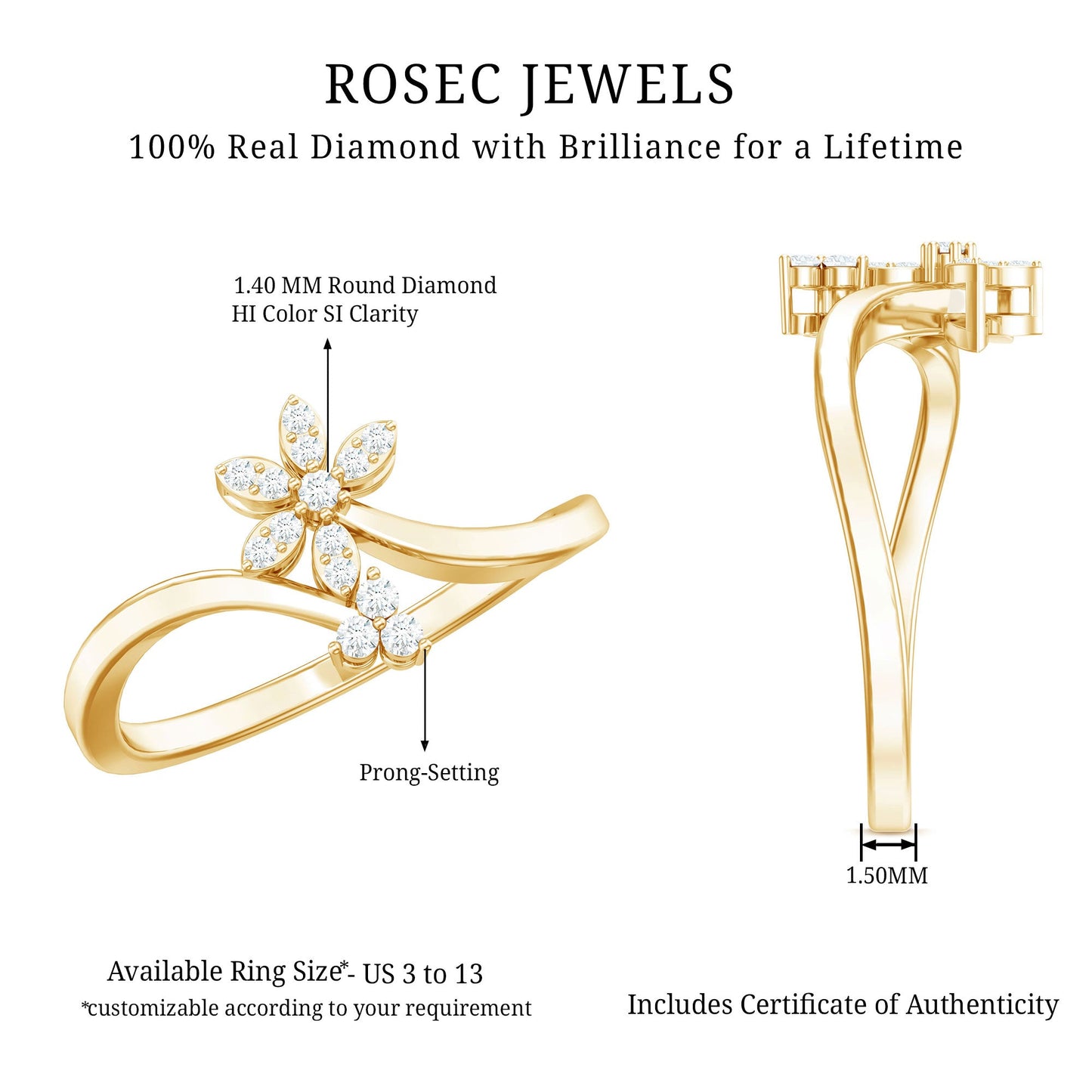 Diamond Floral Ring with Curved Shank