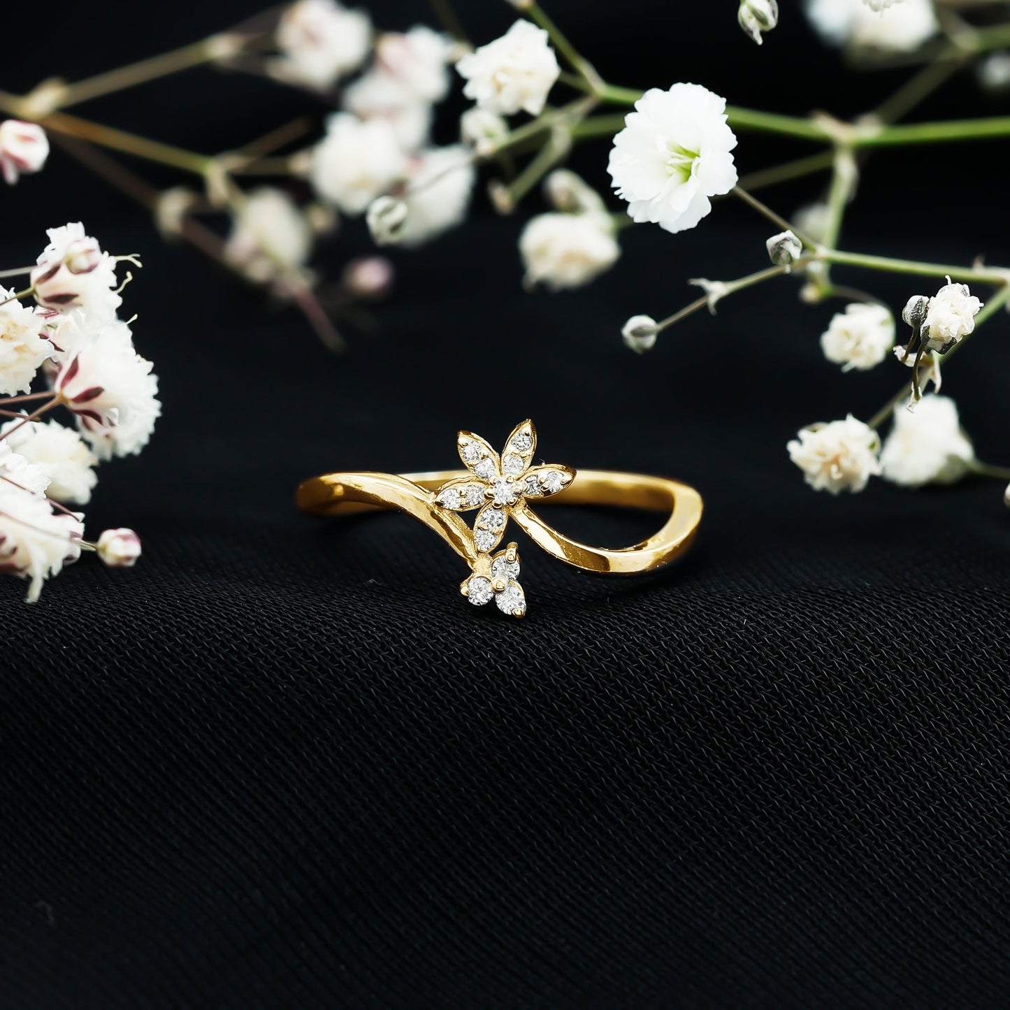 Diamond Floral Ring with Curved Shank
