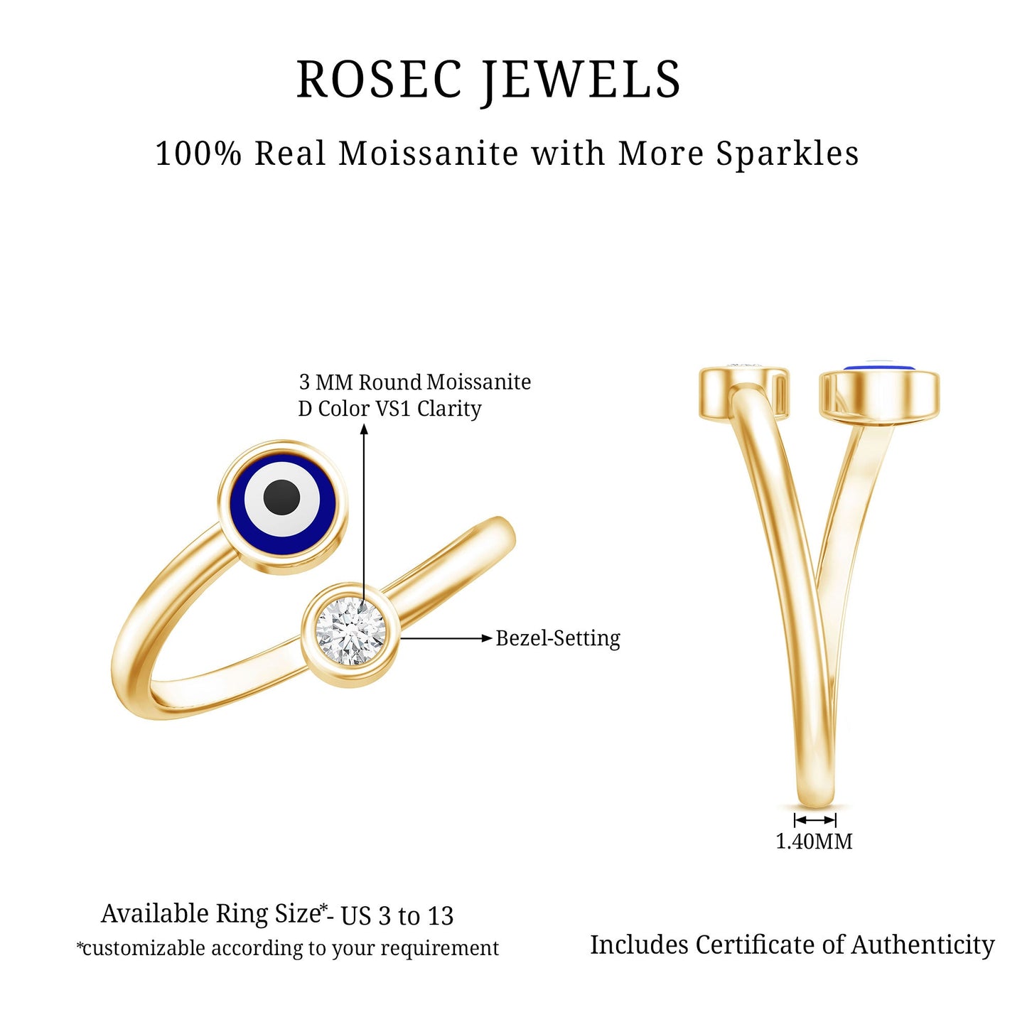 Bezel Set Moissanite and Enameled Evil Eye Ring