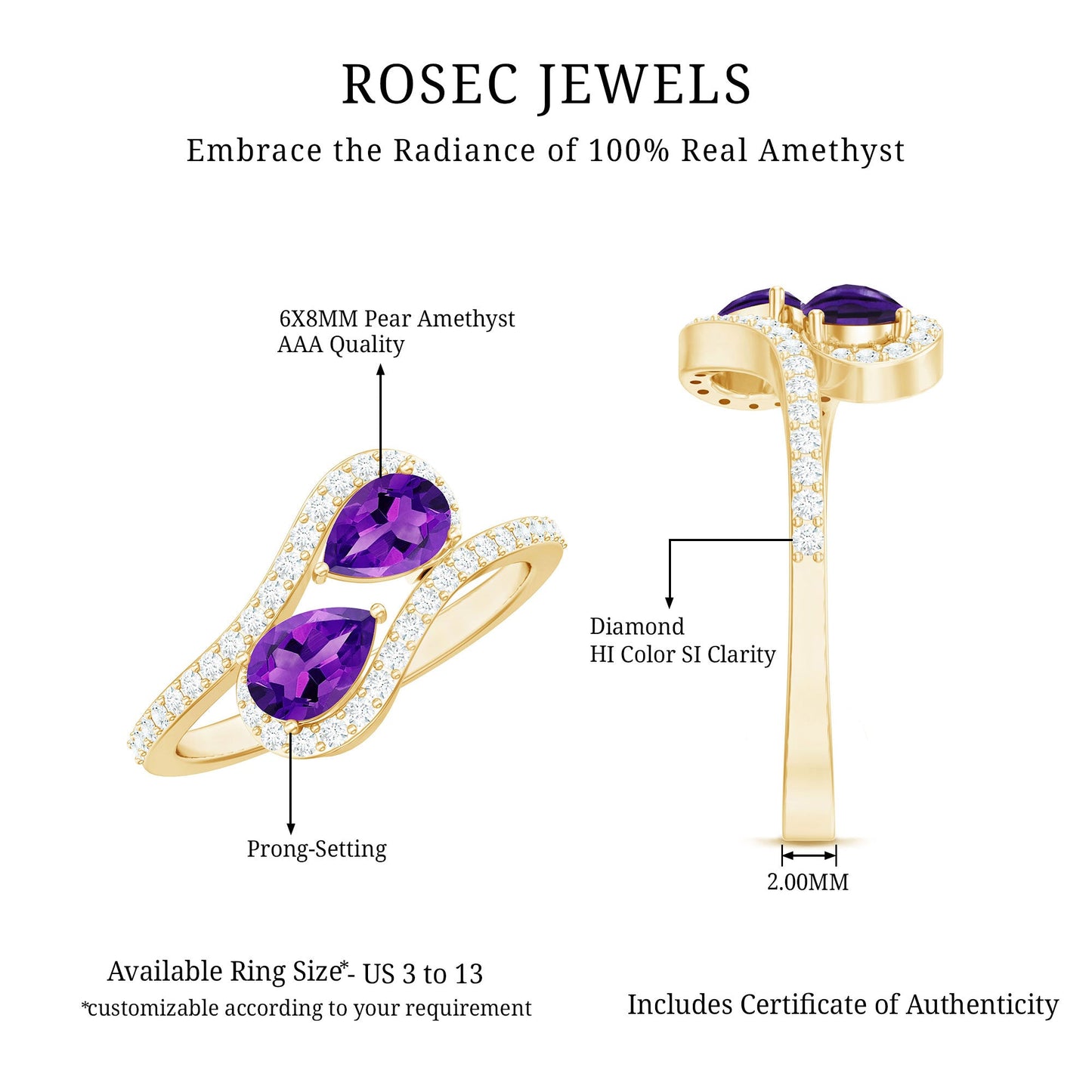 Vintage Inspired Amethyst 2 Stone Bypass Engagement Ring with Diamond