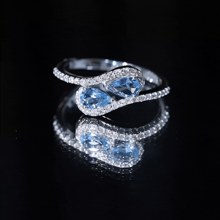 Genuine Aquamarine Two Stone Engagement Ring with Diamond