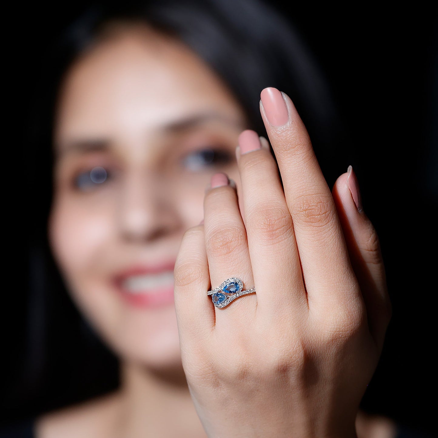 Genuine Aquamarine Two Stone Engagement Ring with Diamond