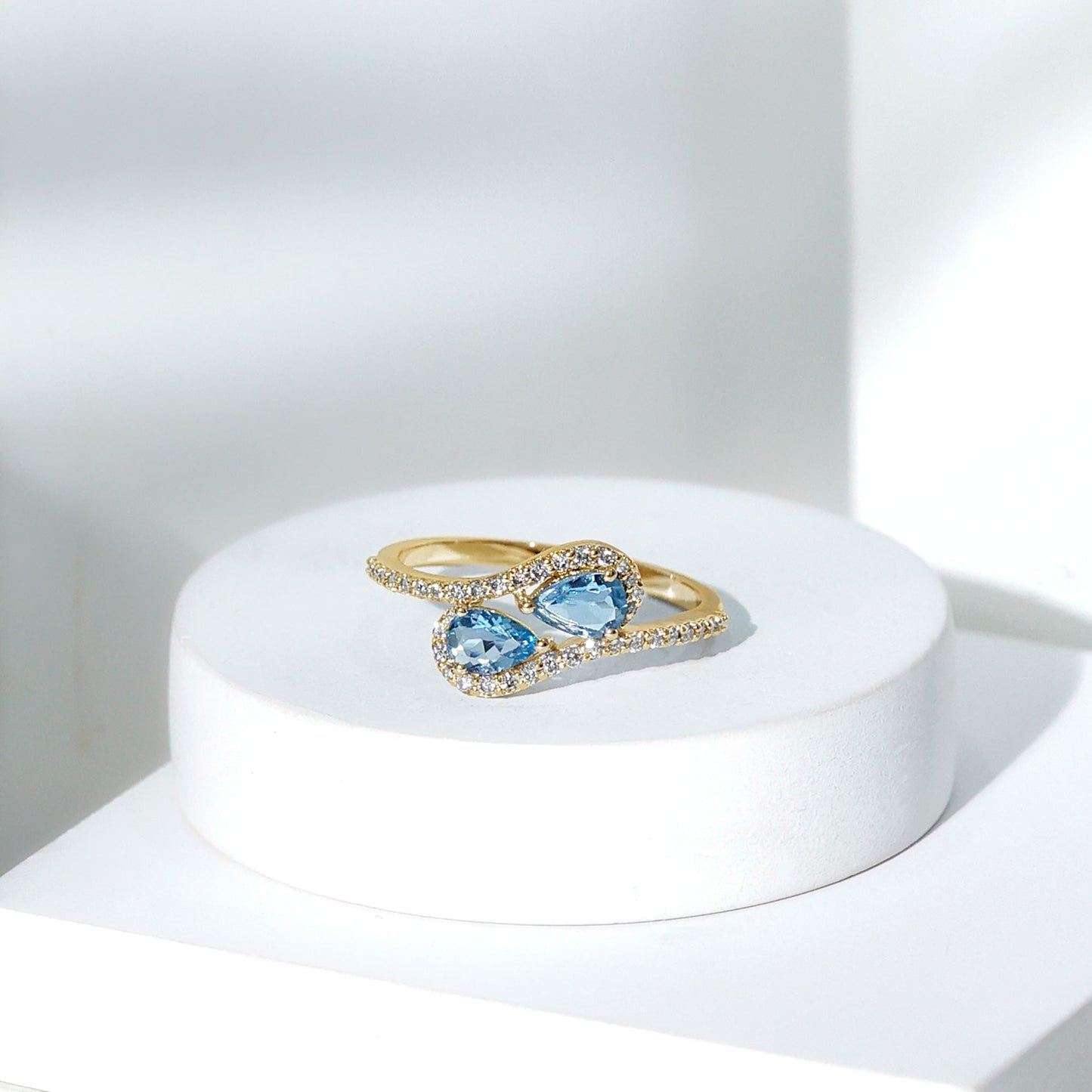 Genuine Aquamarine Two Stone Engagement Ring with Diamond