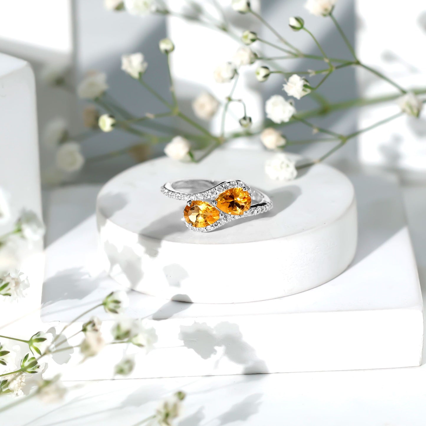 Pear Shape Citrine Two Stone Engagement Ring with Diamond