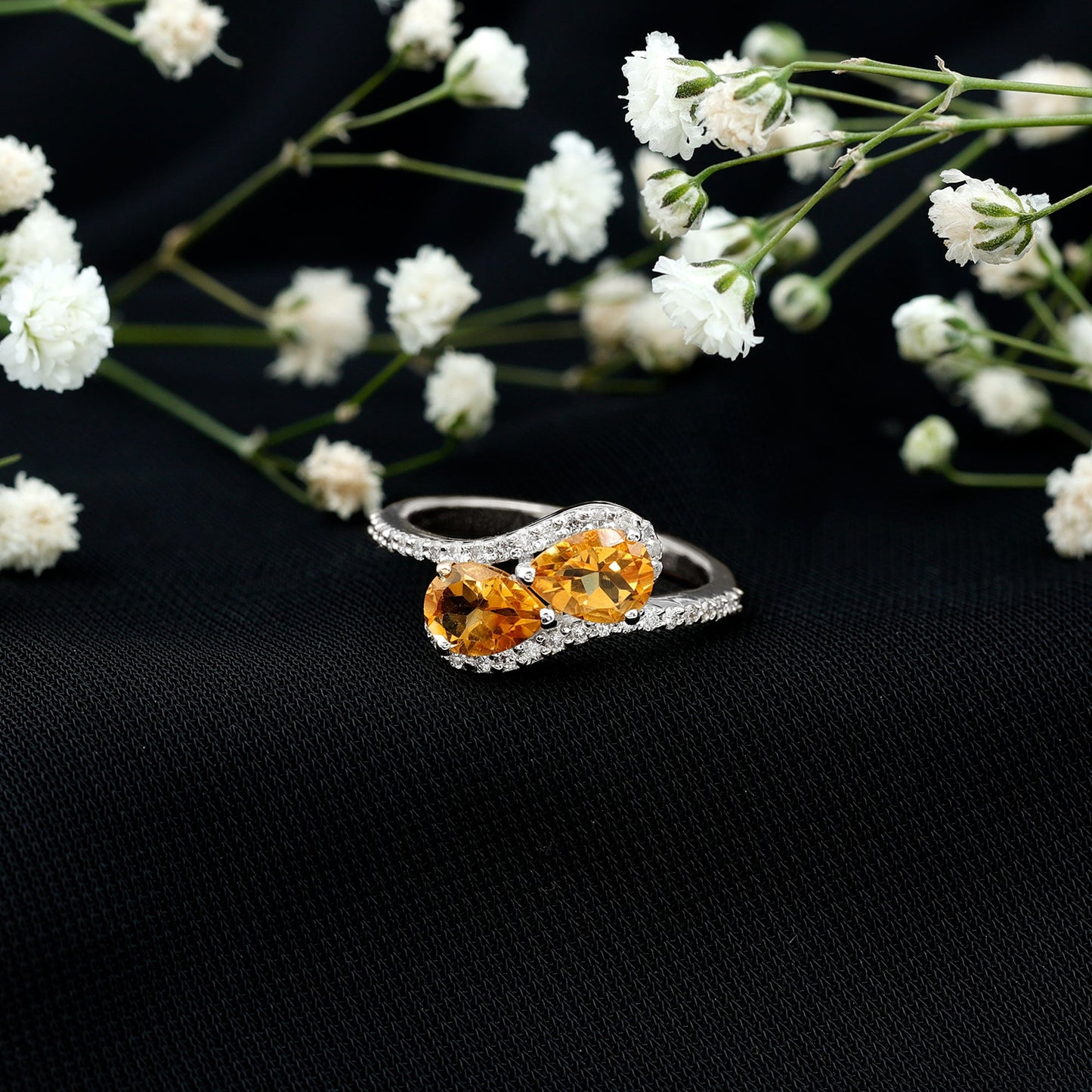 Pear Shape Citrine Two Stone Engagement Ring with Diamond