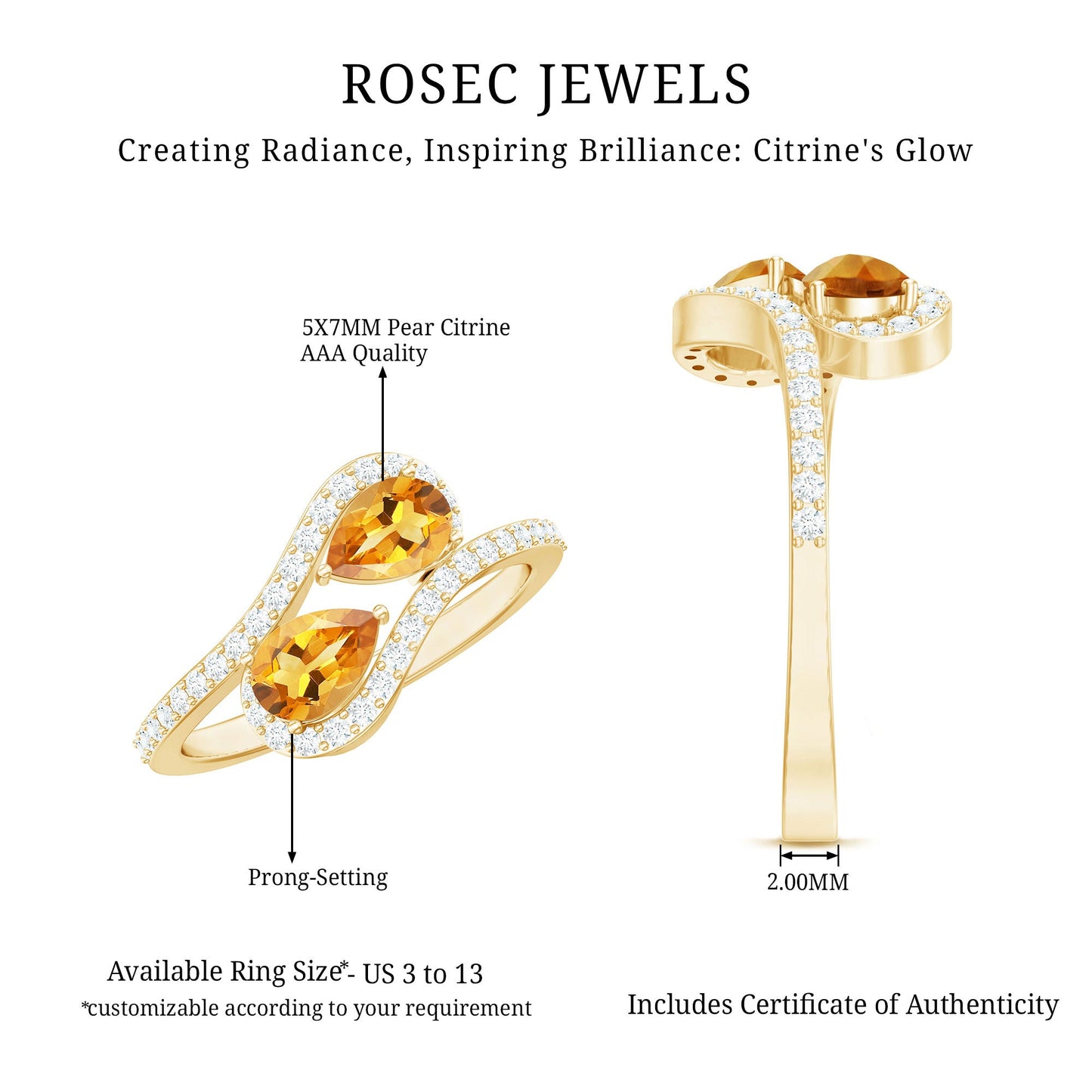 Pear Shape Citrine Two Stone Engagement Ring with Diamond