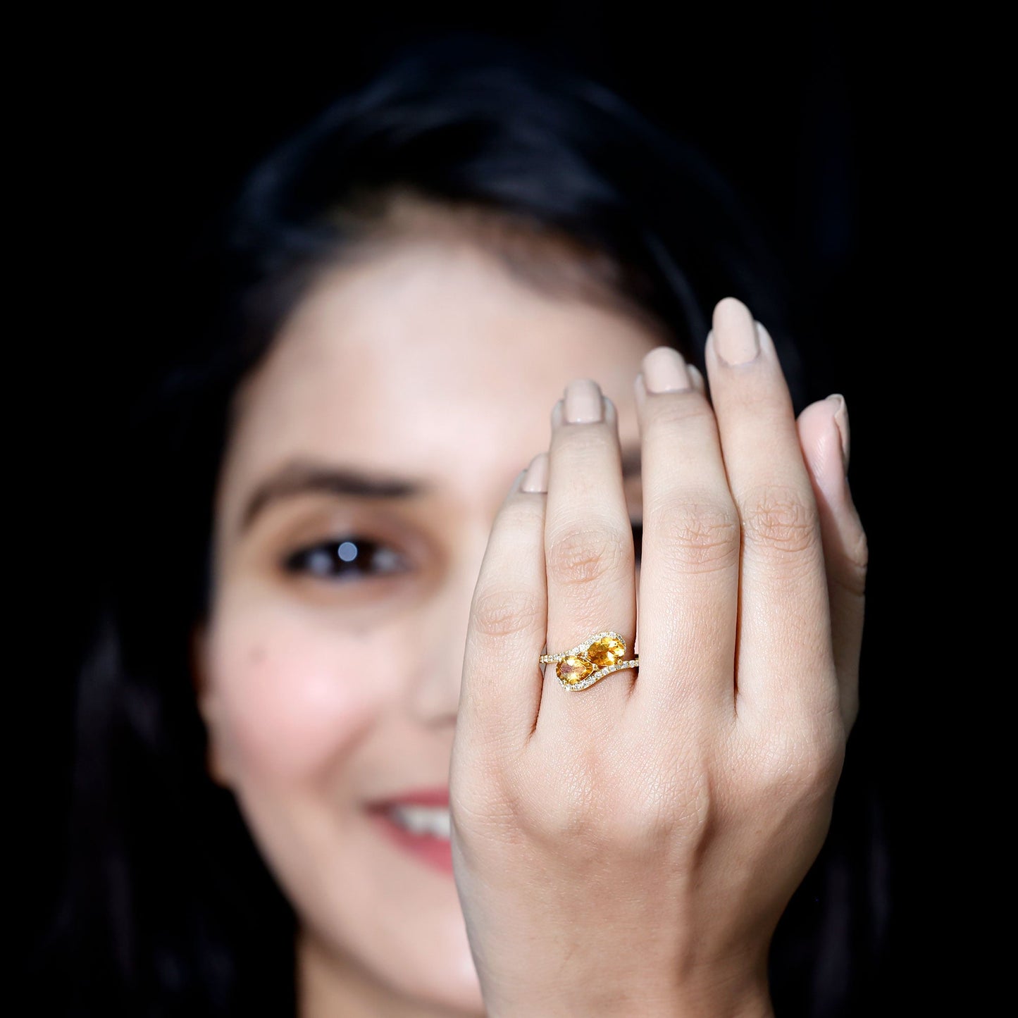 Pear Shape Citrine Two Stone Engagement Ring with Diamond