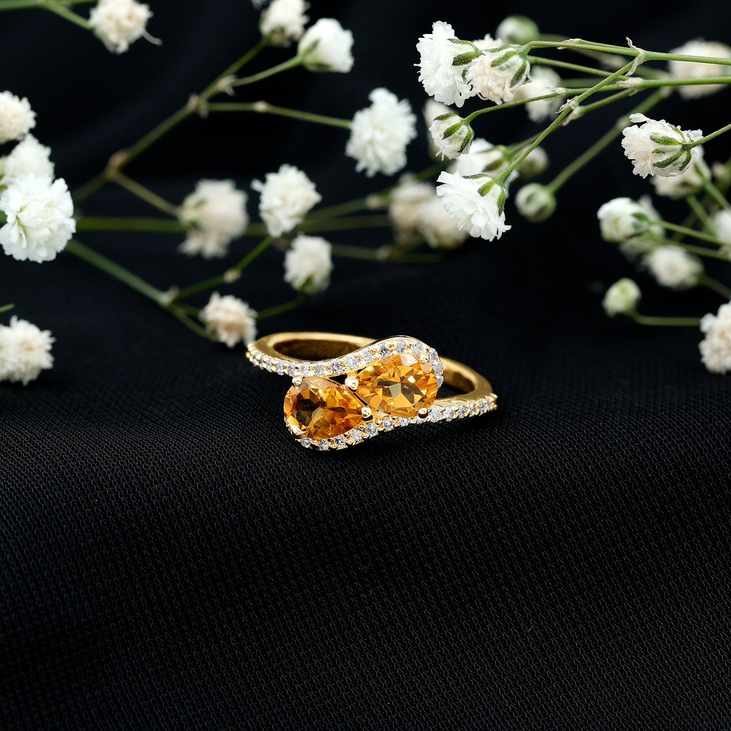 Pear Shape Citrine Two Stone Engagement Ring with Diamond