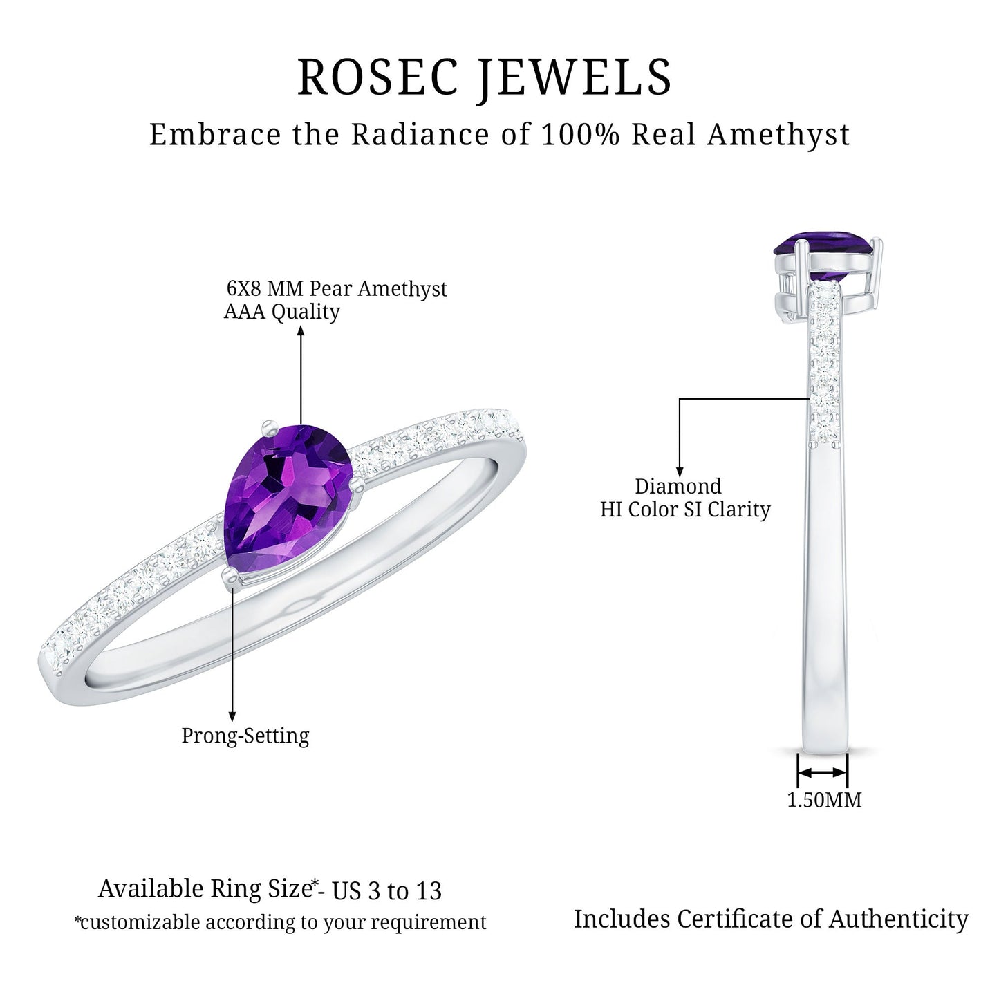 Natural 1 Carat Pear Shaped Amethyst Engagement Ring with Diamond