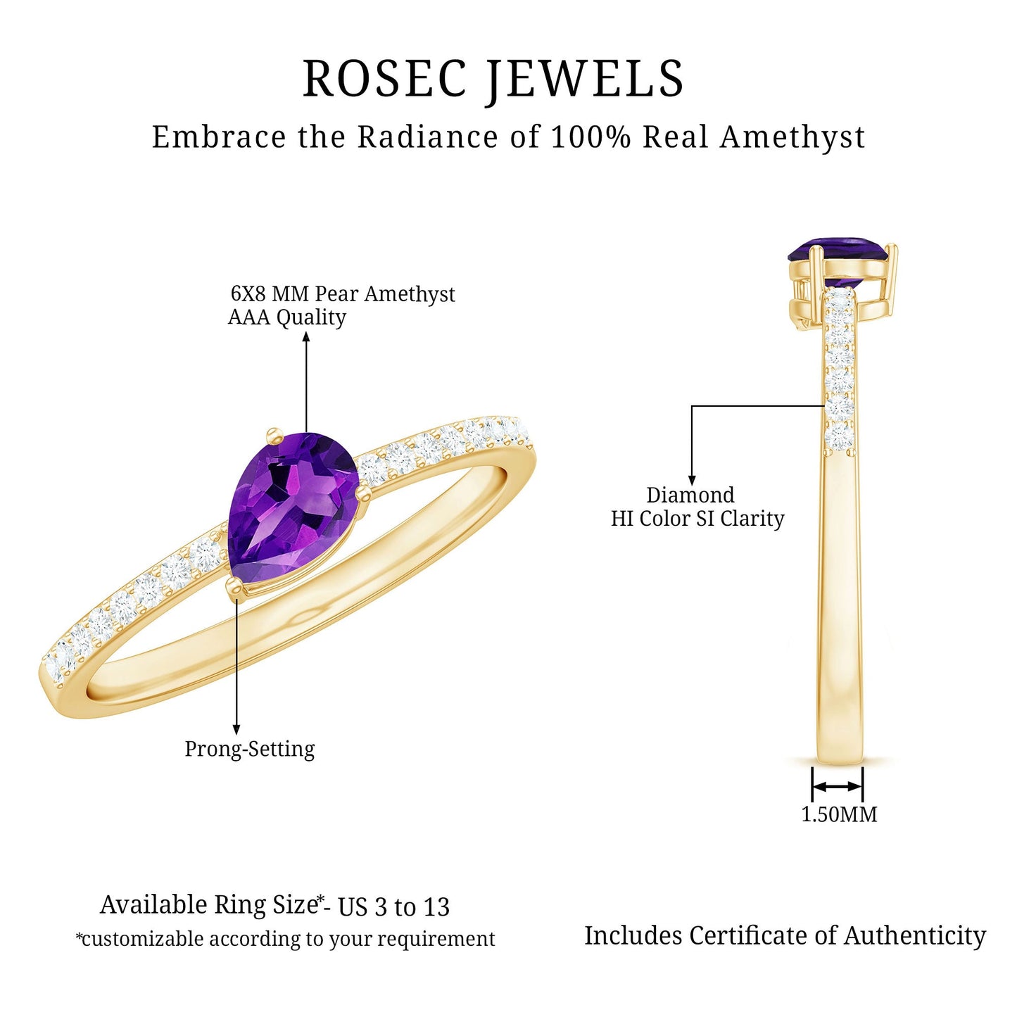 Natural 1 Carat Pear Shaped Amethyst Engagement Ring with Diamond
