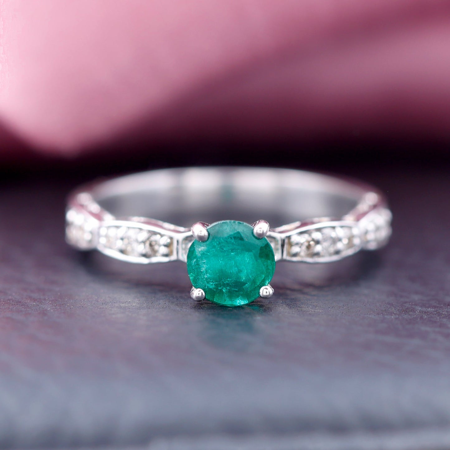 AAA Quality Emerald Solitaire Promise Ring with Diamond