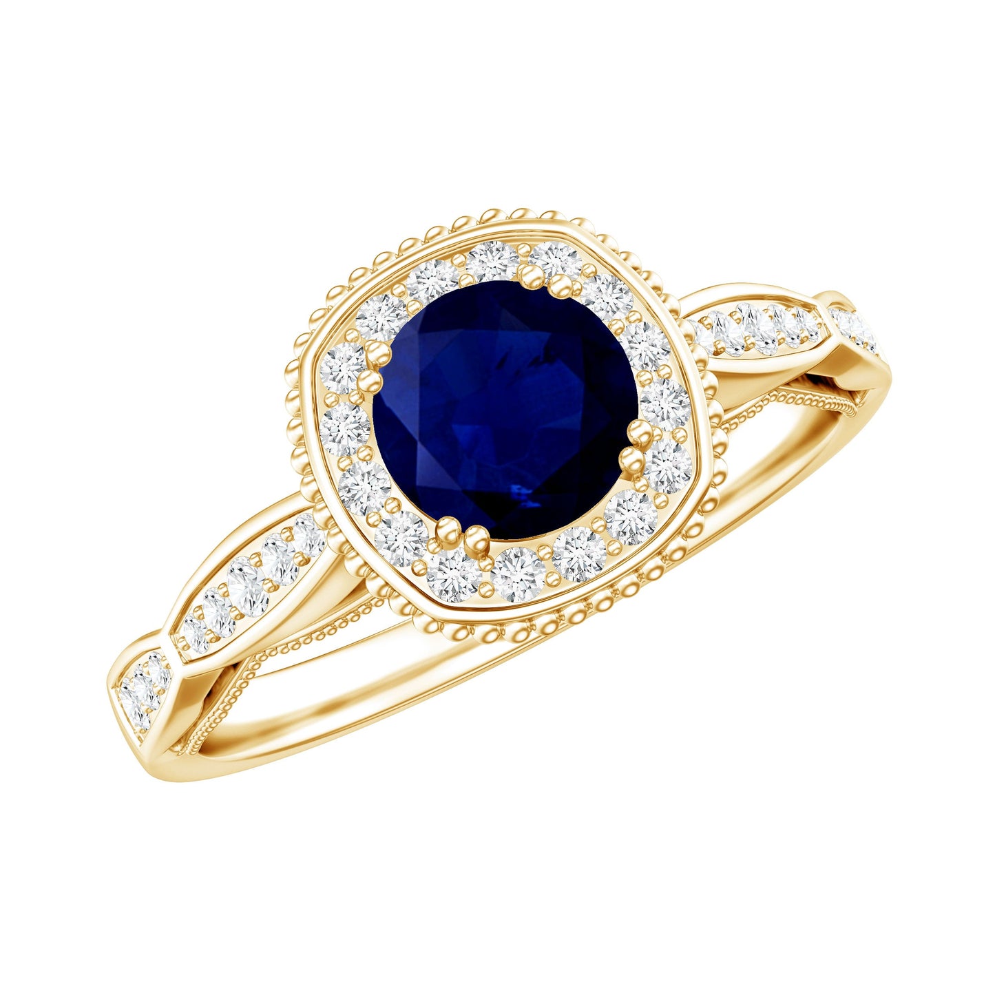Round 0.9 Carat Blue Sapphire Antique Engagement Ring with Diamond Halo