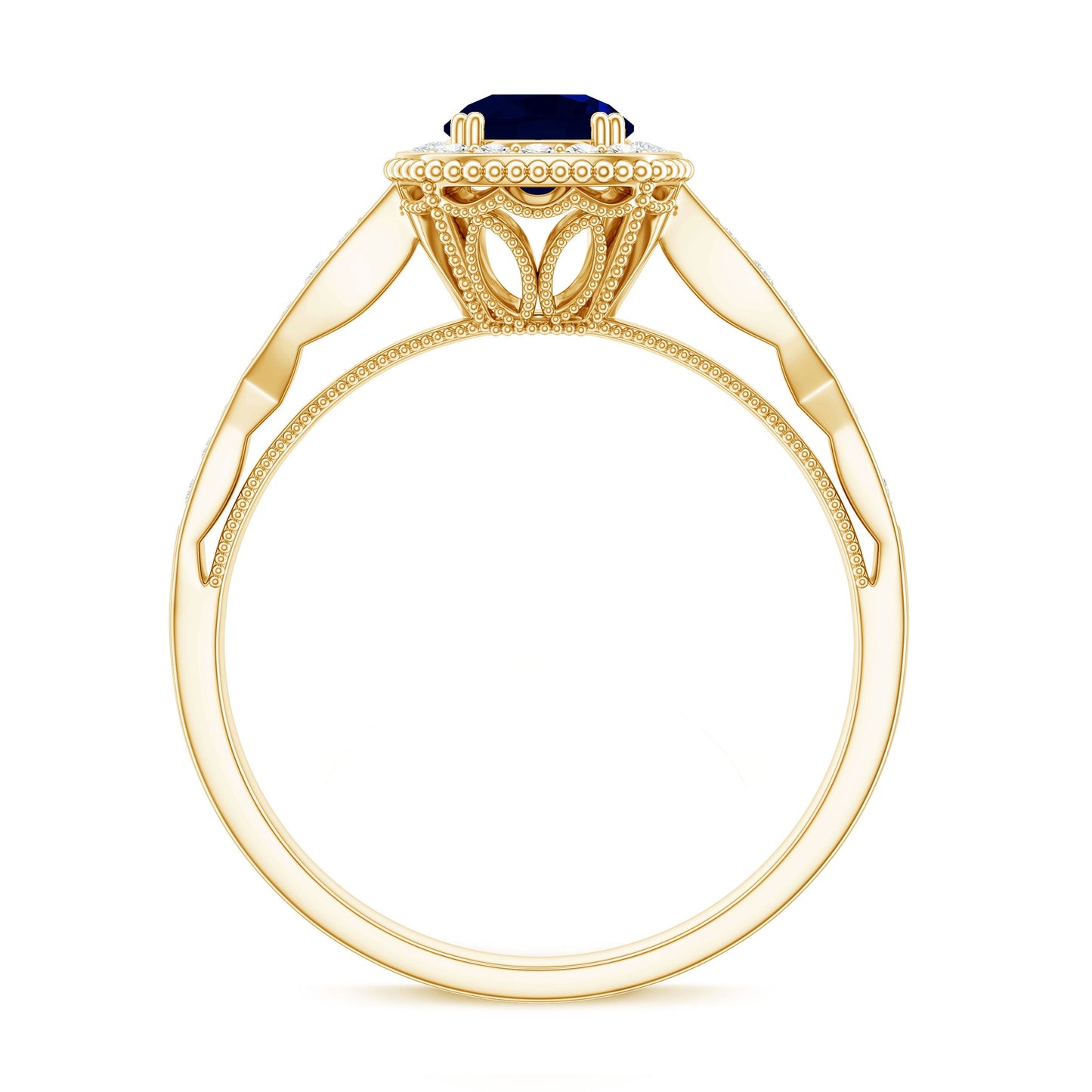 Round 0.9 Carat Blue Sapphire Antique Engagement Ring with Diamond Halo