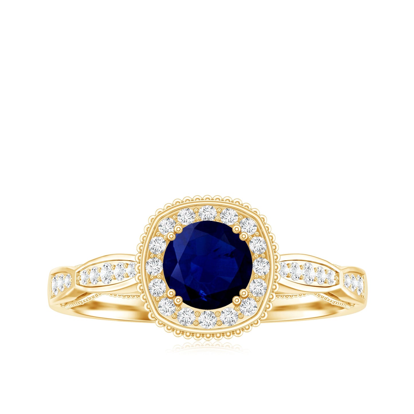 Round 0.9 Carat Blue Sapphire Antique Engagement Ring with Diamond Halo