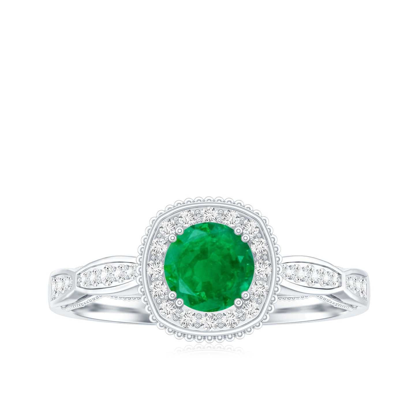 Emerald Vintage Looking Engagement Ring with Diamond Halo