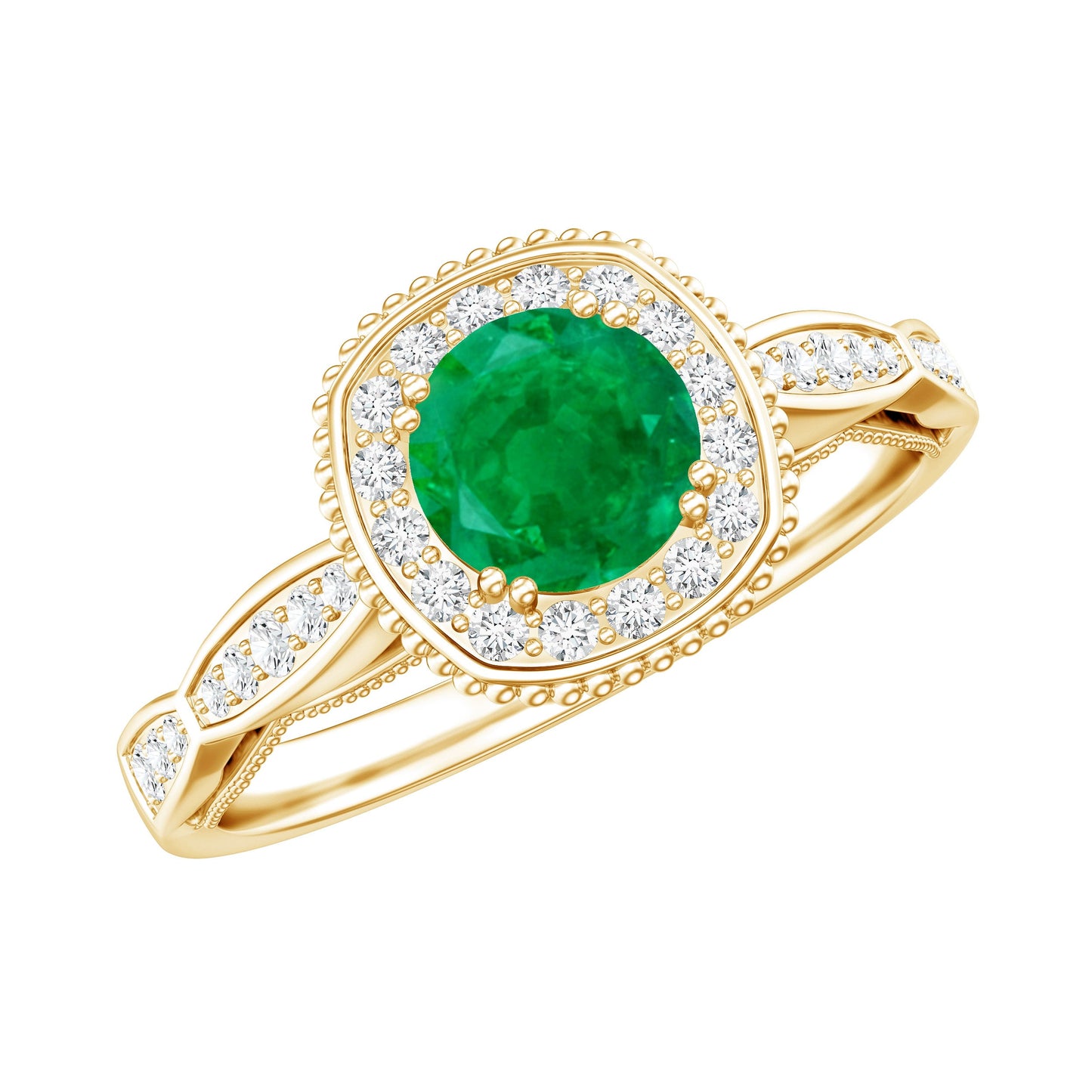 Emerald Vintage Looking Engagement Ring with Diamond Halo