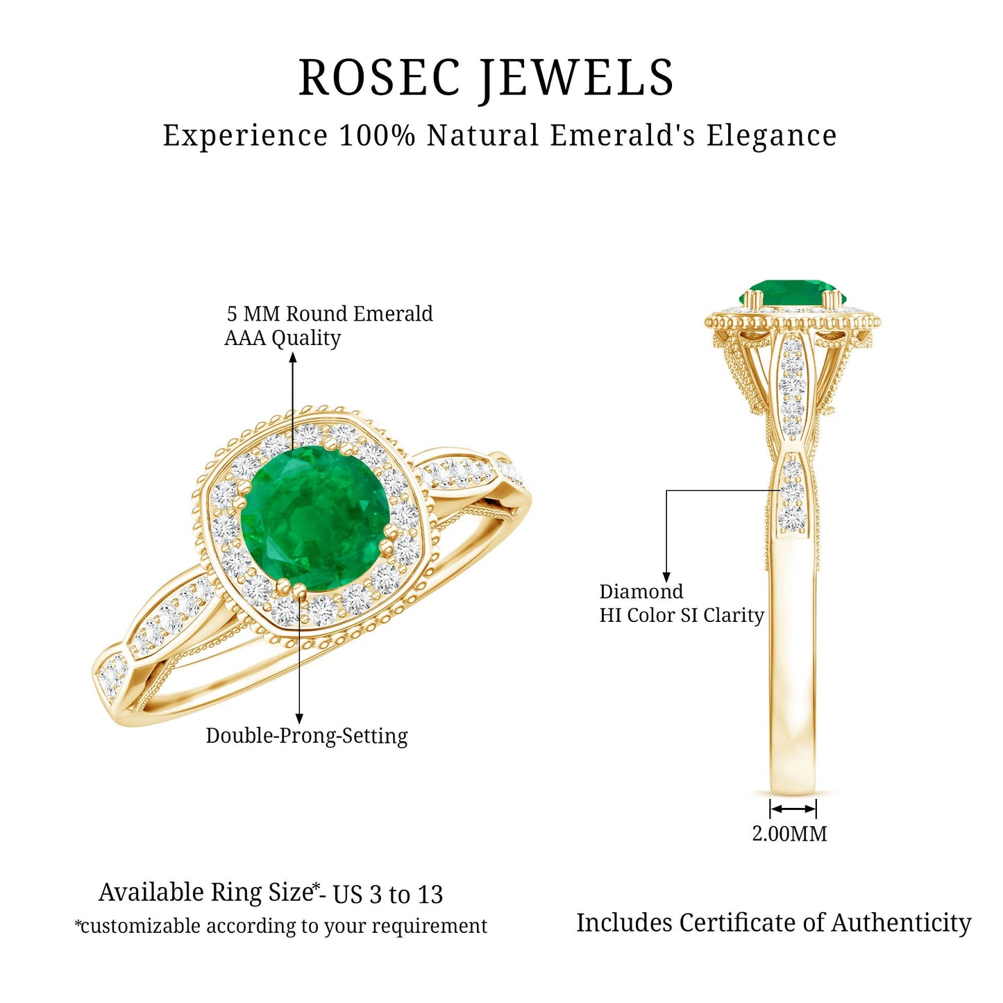 Emerald Vintage Looking Engagement Ring with Diamond Halo