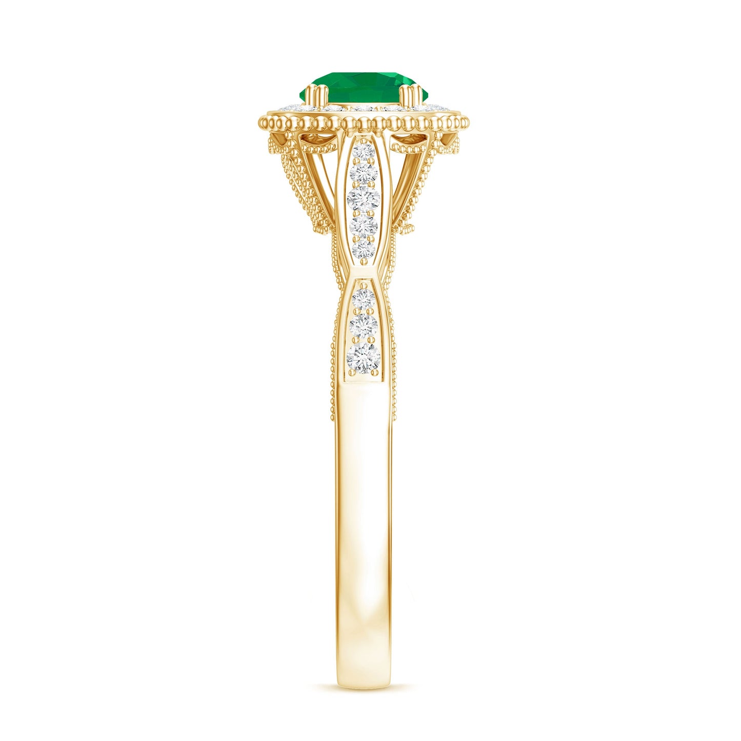Emerald Vintage Looking Engagement Ring with Diamond Halo