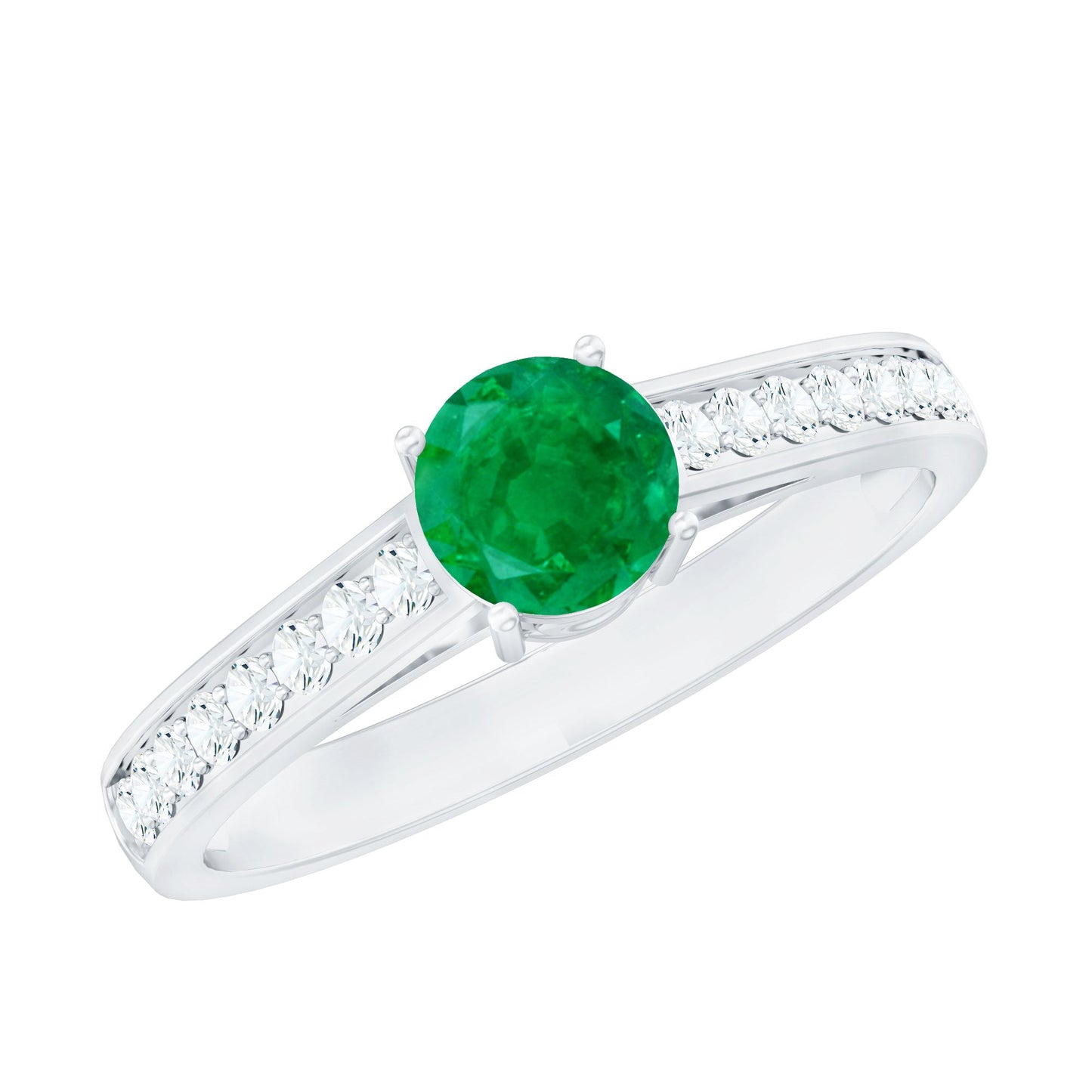 0.4 Carat Genuine Emerald Solitaire Engagement Ring with Diamond Side Stones