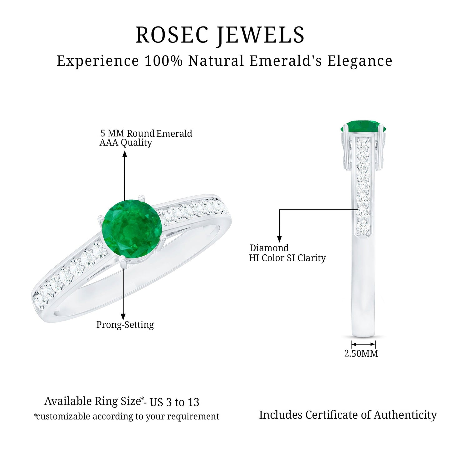 0.4 Carat Genuine Emerald Solitaire Engagement Ring with Diamond Side Stones