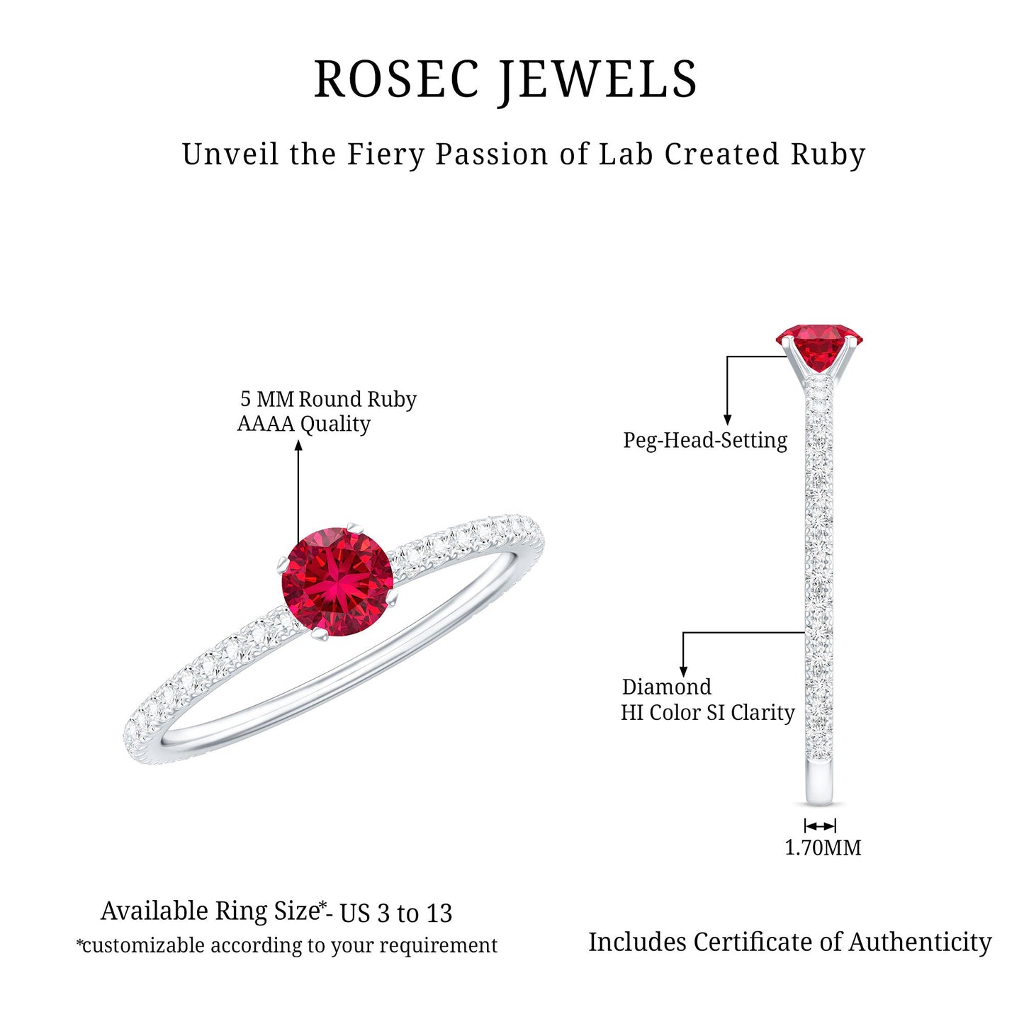 Round Cut Lab Grown Ruby Engagement Ring with Diamond