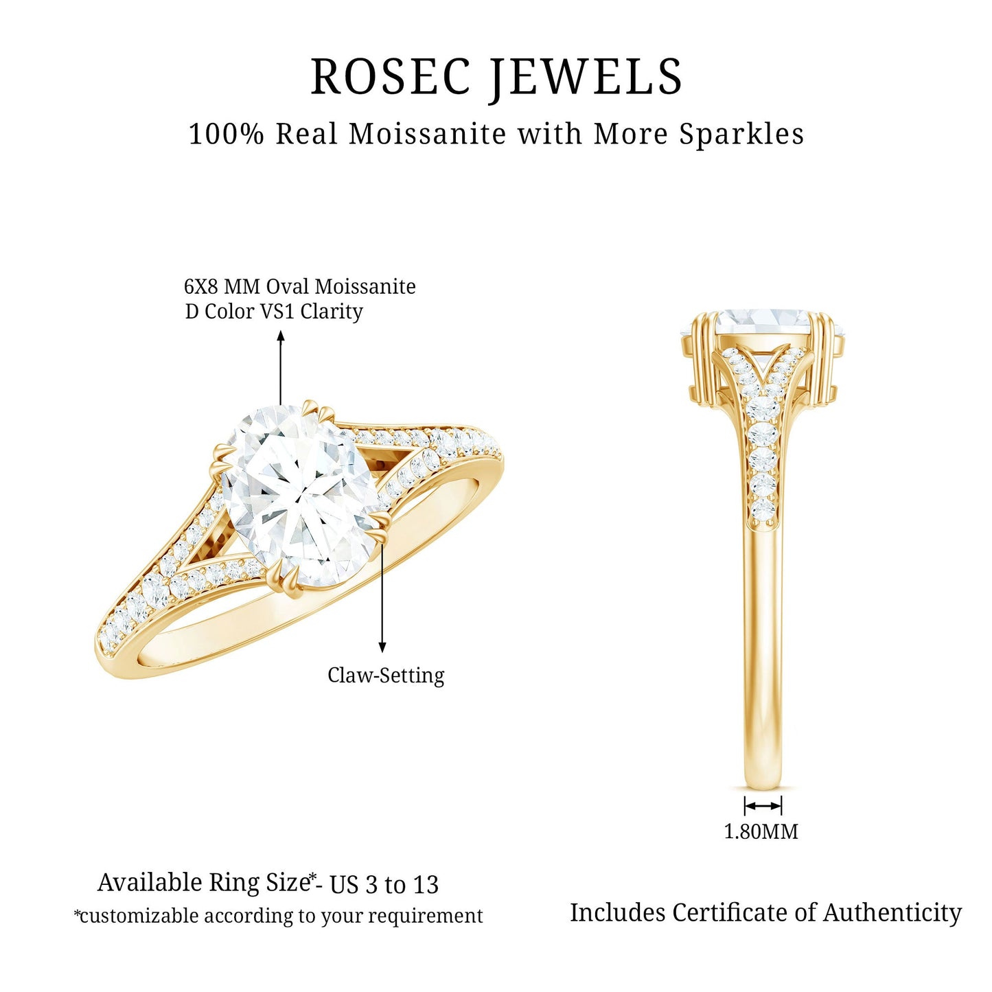Certified Moissanite Oblong Engagement Ring with Split Shank