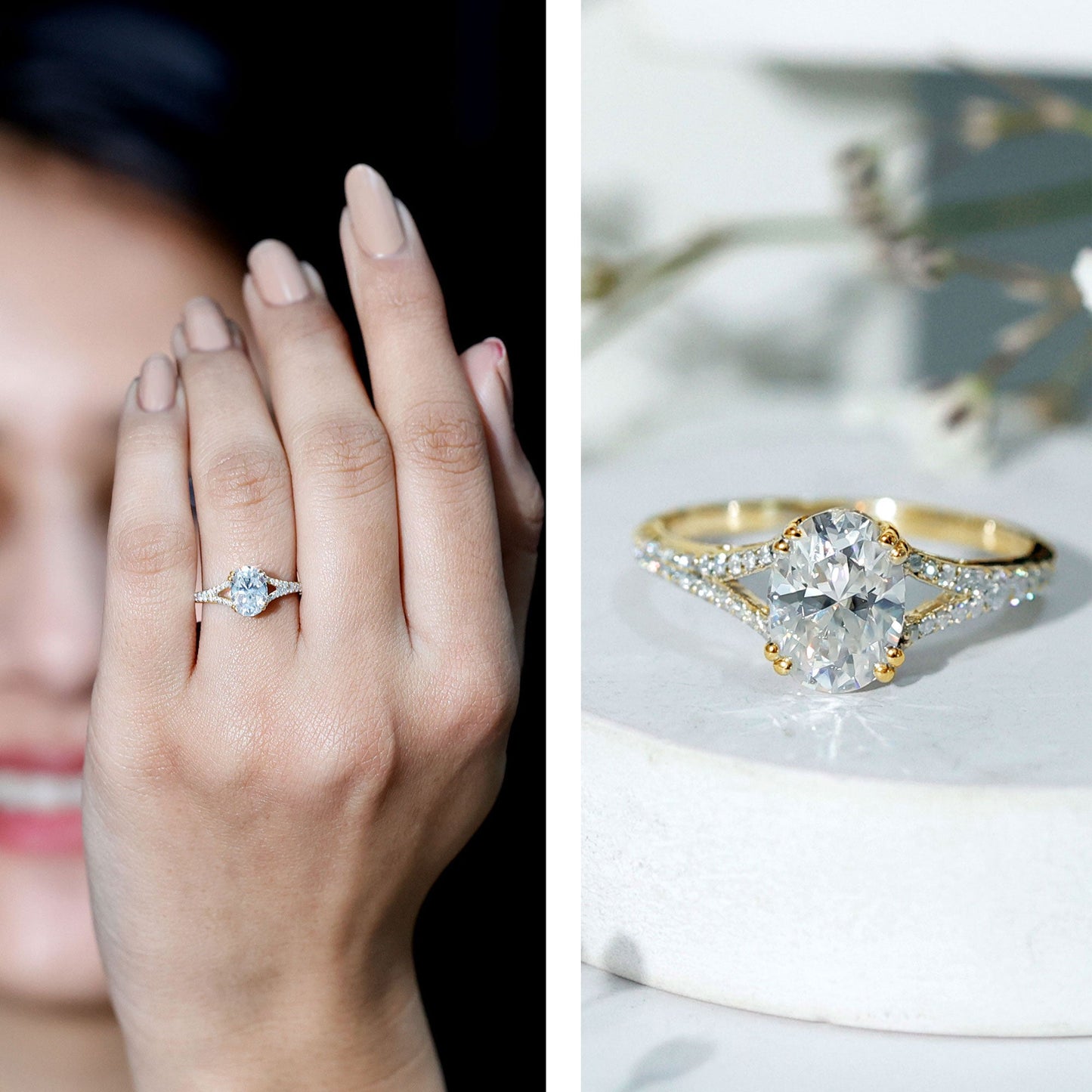 Certified Moissanite Oblong Engagement Ring with Split Shank