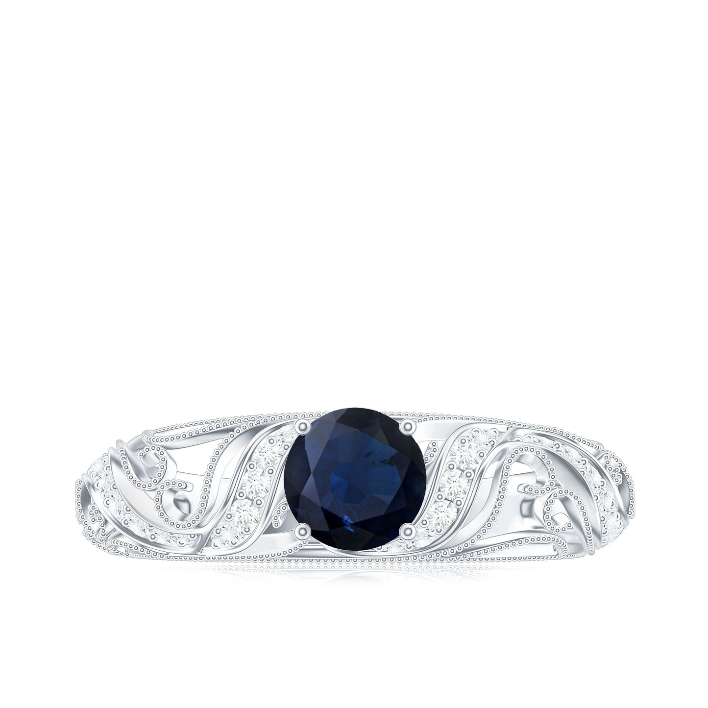 Certified 0.9 Carat Real Blue Sapphire and Diamond Vintage Looking Engagement Ring