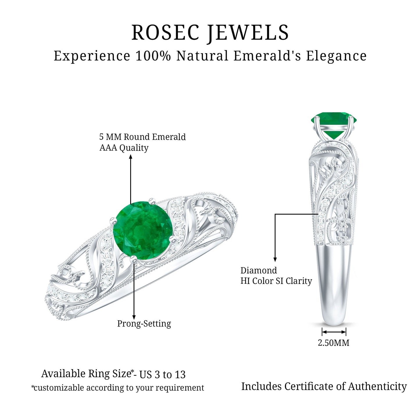 Vintage Looking Emerald and Diamond Engagement Ring for Women
