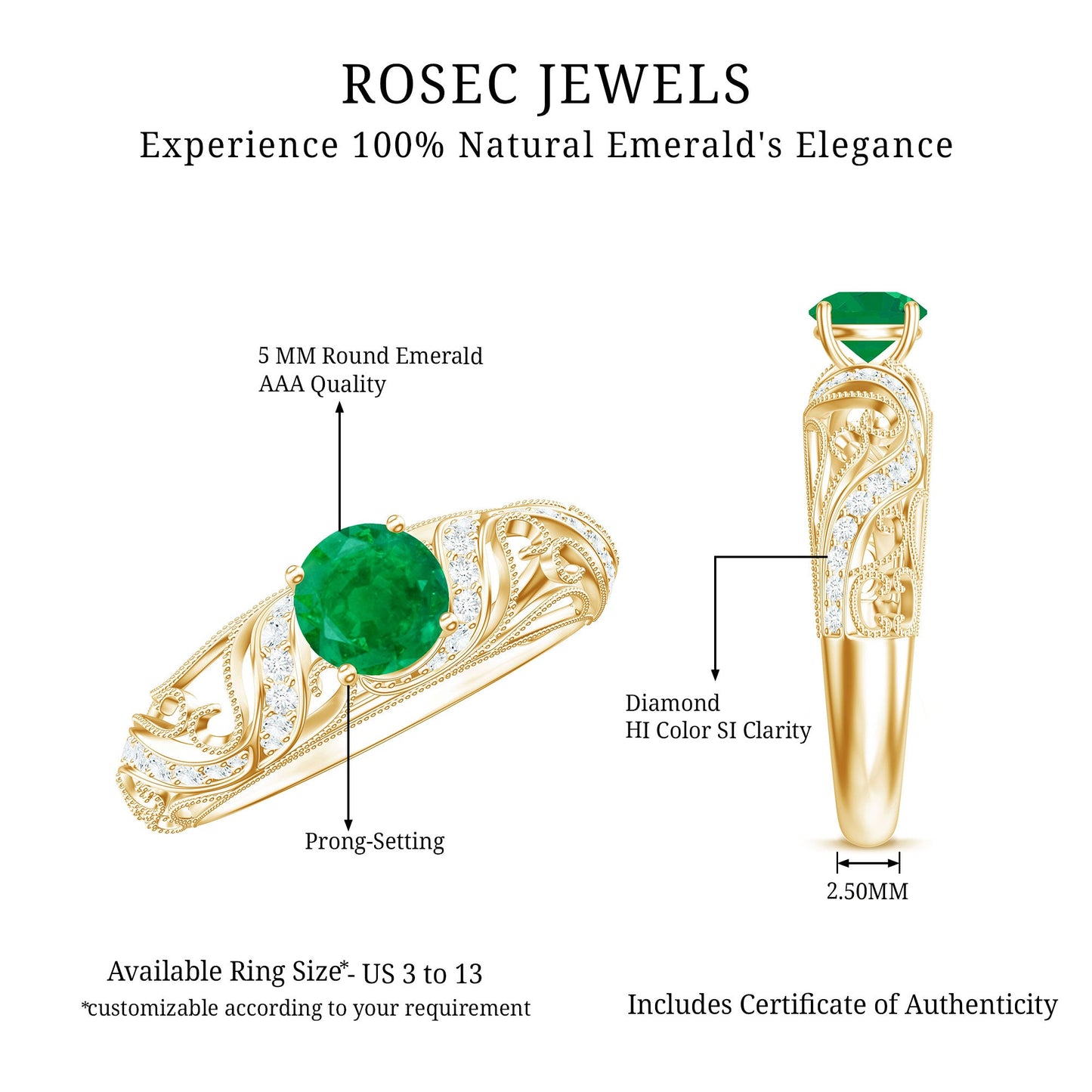 Vintage Looking Emerald and Diamond Engagement Ring for Women