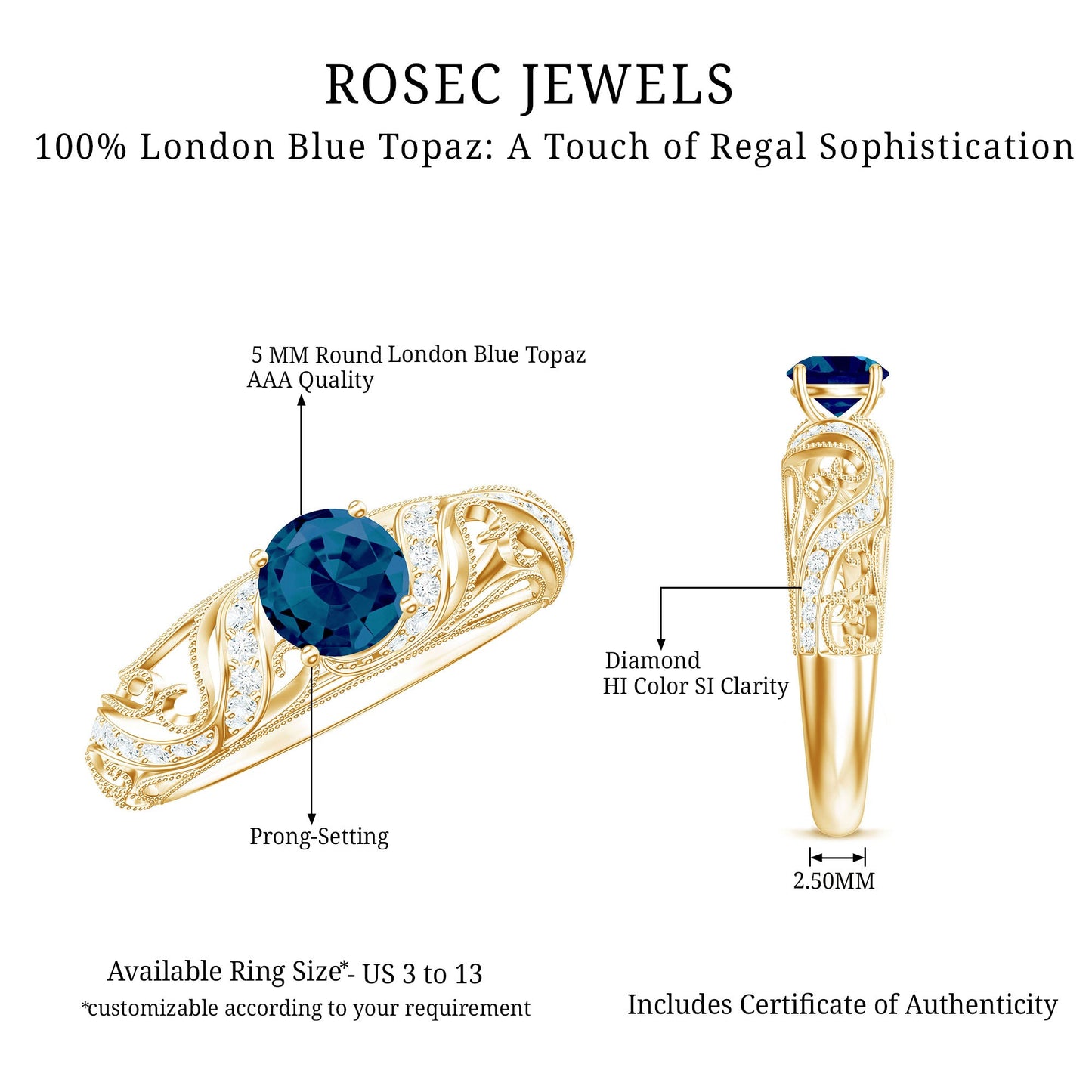 Vintage London Blue Topaz and Diamond Engagement Ring