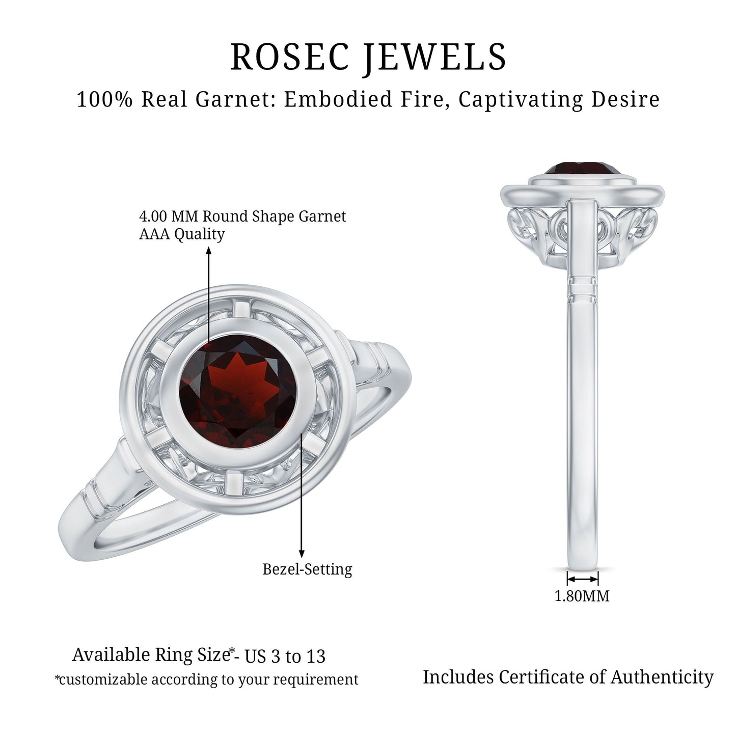 Vintage Looking Garnet Engagement Ring in Bezel Setting
