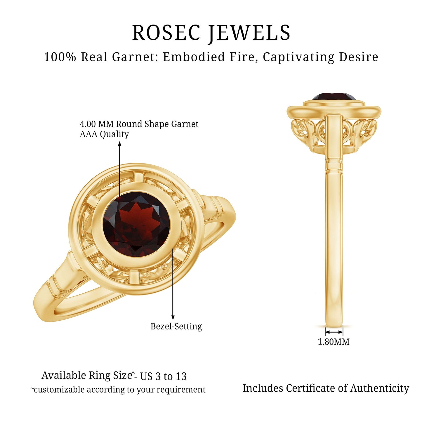 Vintage Looking Garnet Engagement Ring in Bezel Setting