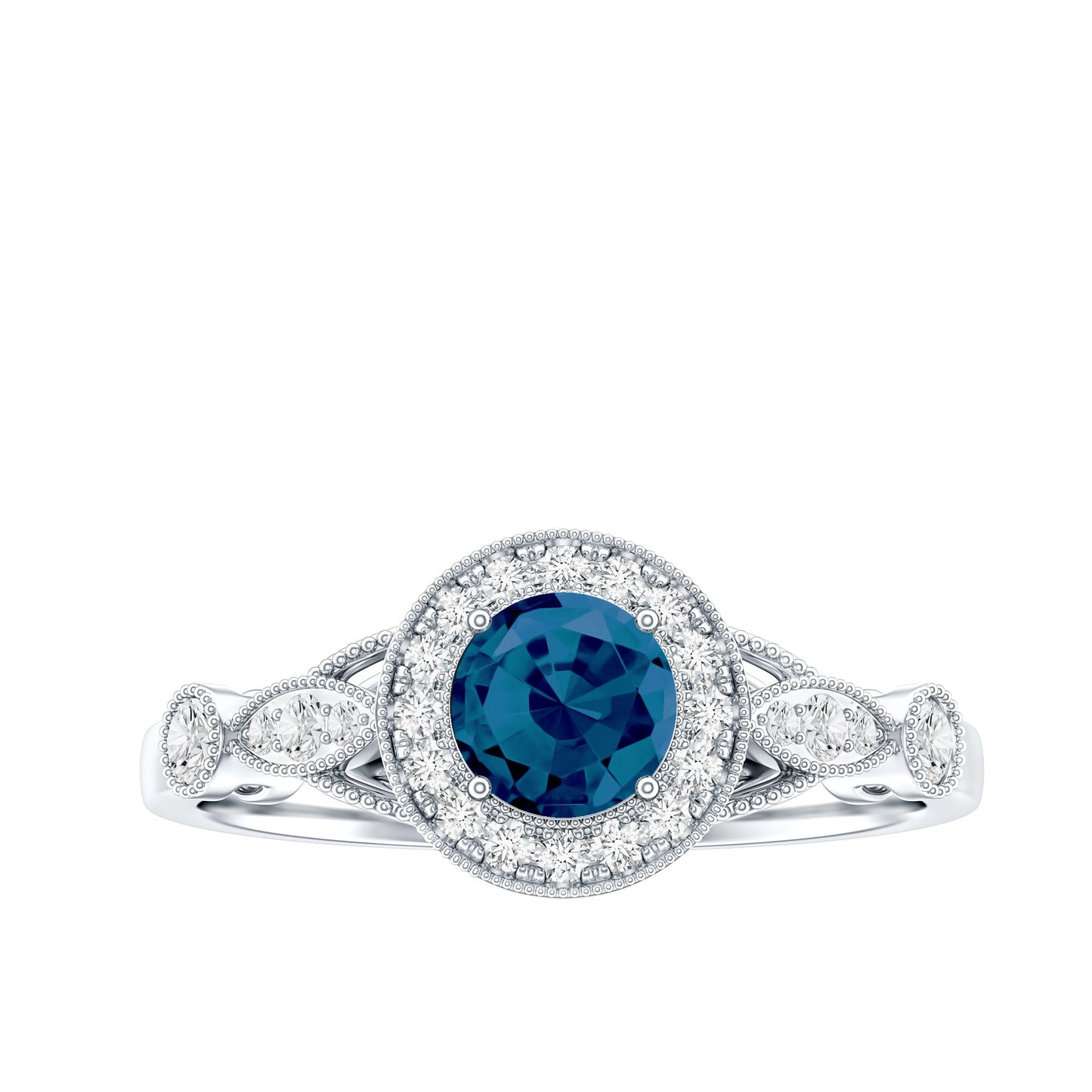 0.6 Carat London Blue Topaz Antique Engagement Ring with Diamond Halo