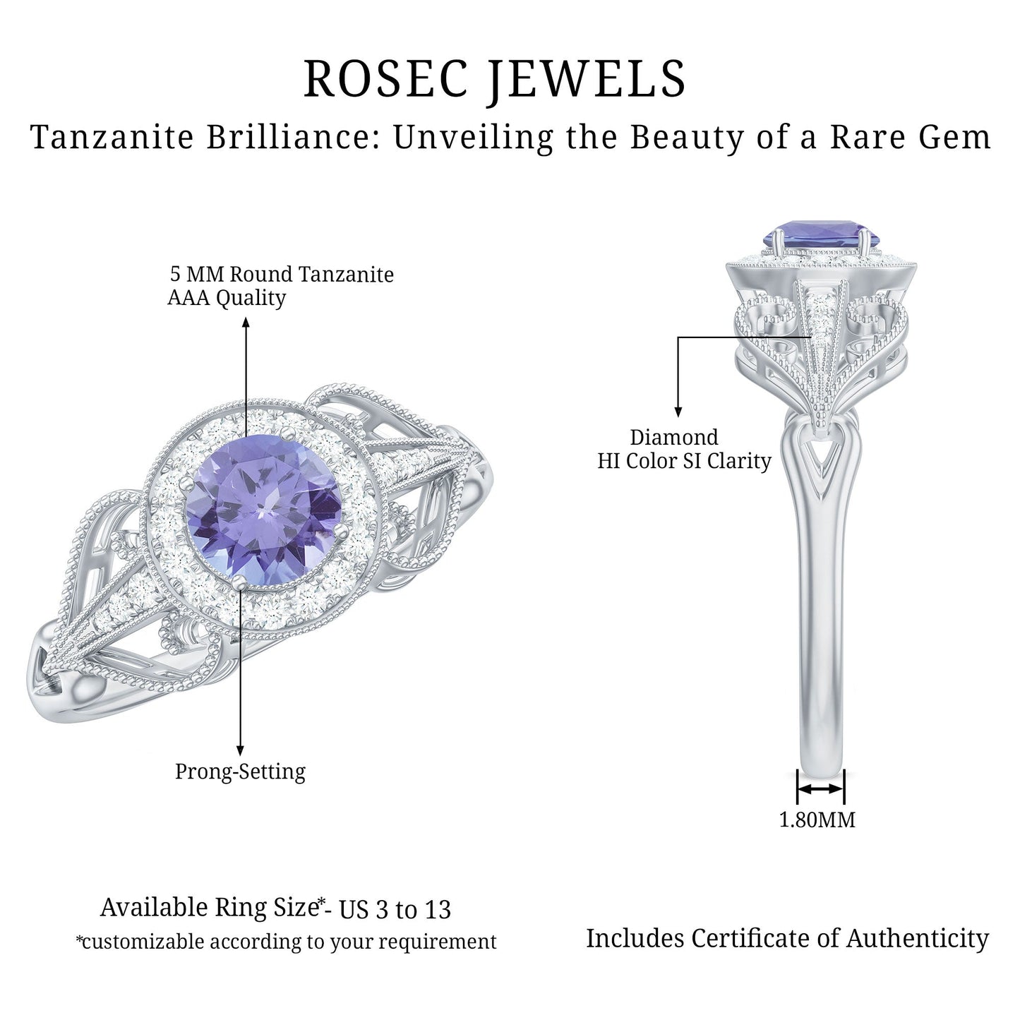 Natural Tanzanite Retro Engagement Ring with Diamond